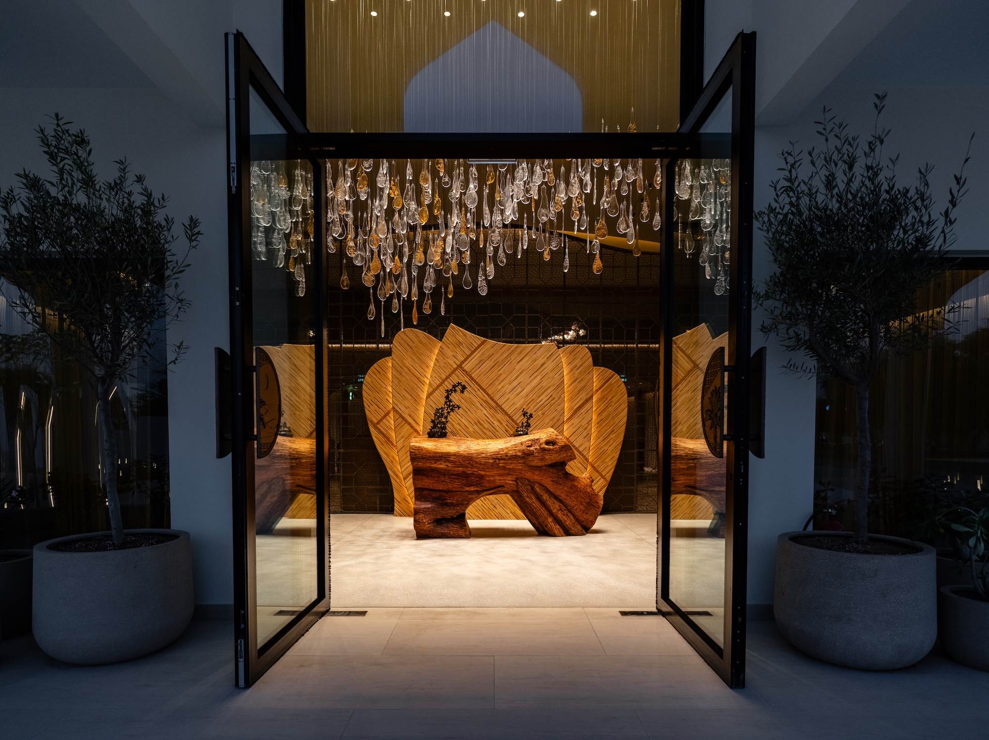 RAINFALL droplet installation seen through the lounge entrance