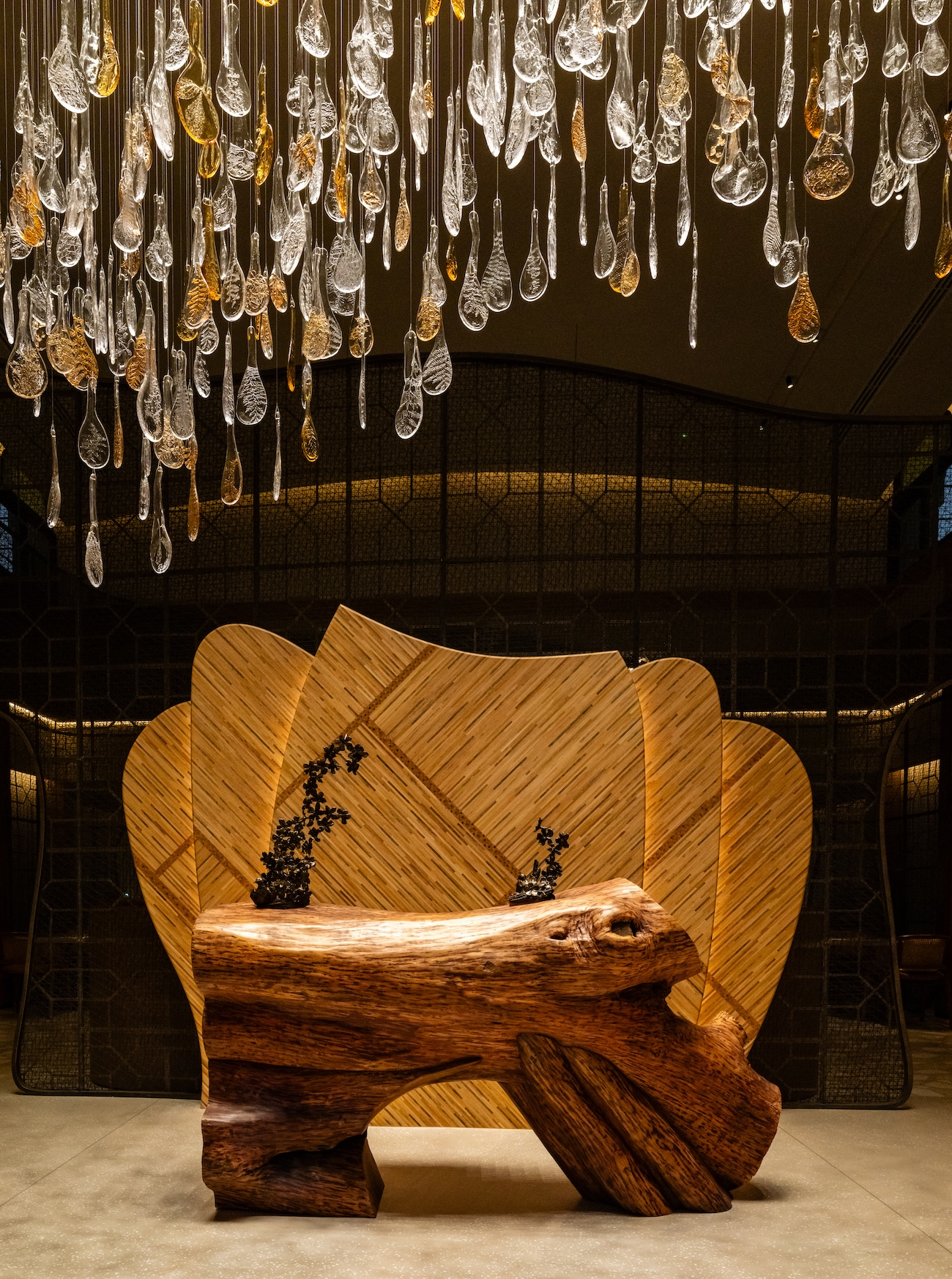 RAINFALL installation above the timber bench in the lounge