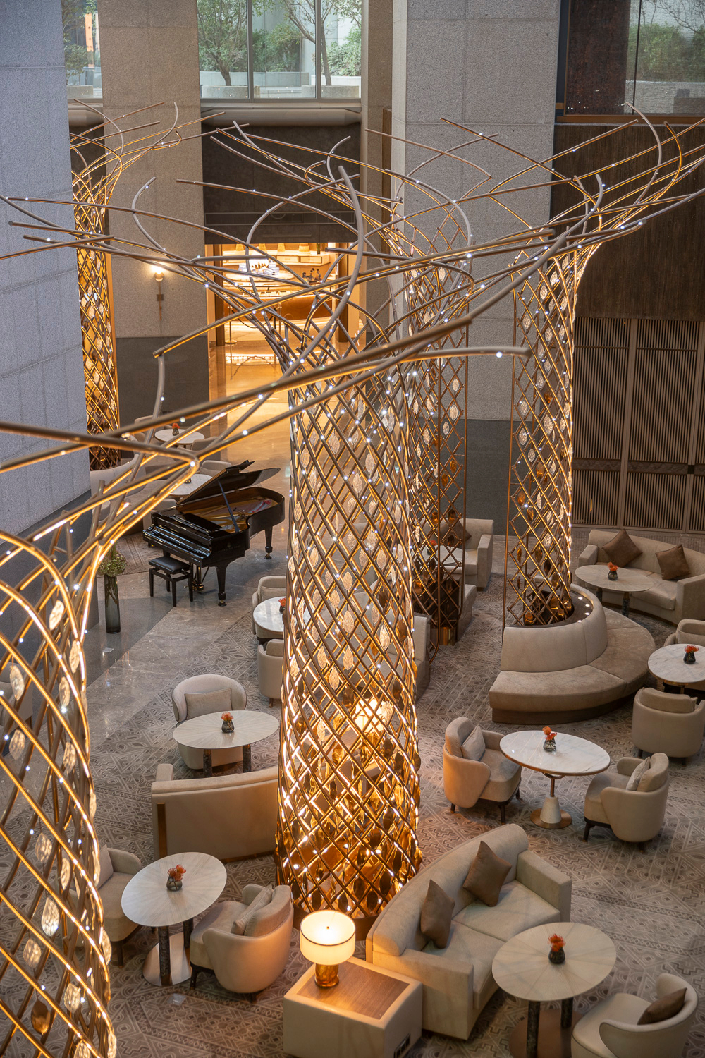 MARQUISE columns lit in the lounge at night