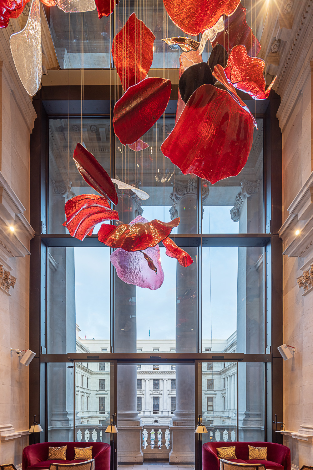 ROSSO red glass installation seen from the gallery above