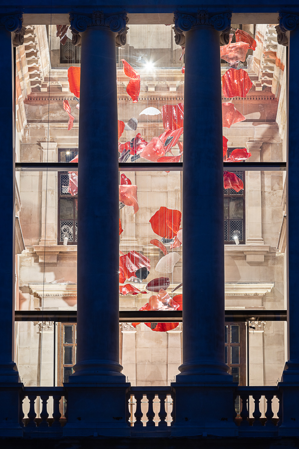 ROSSO red glass installation seen from the gallery above