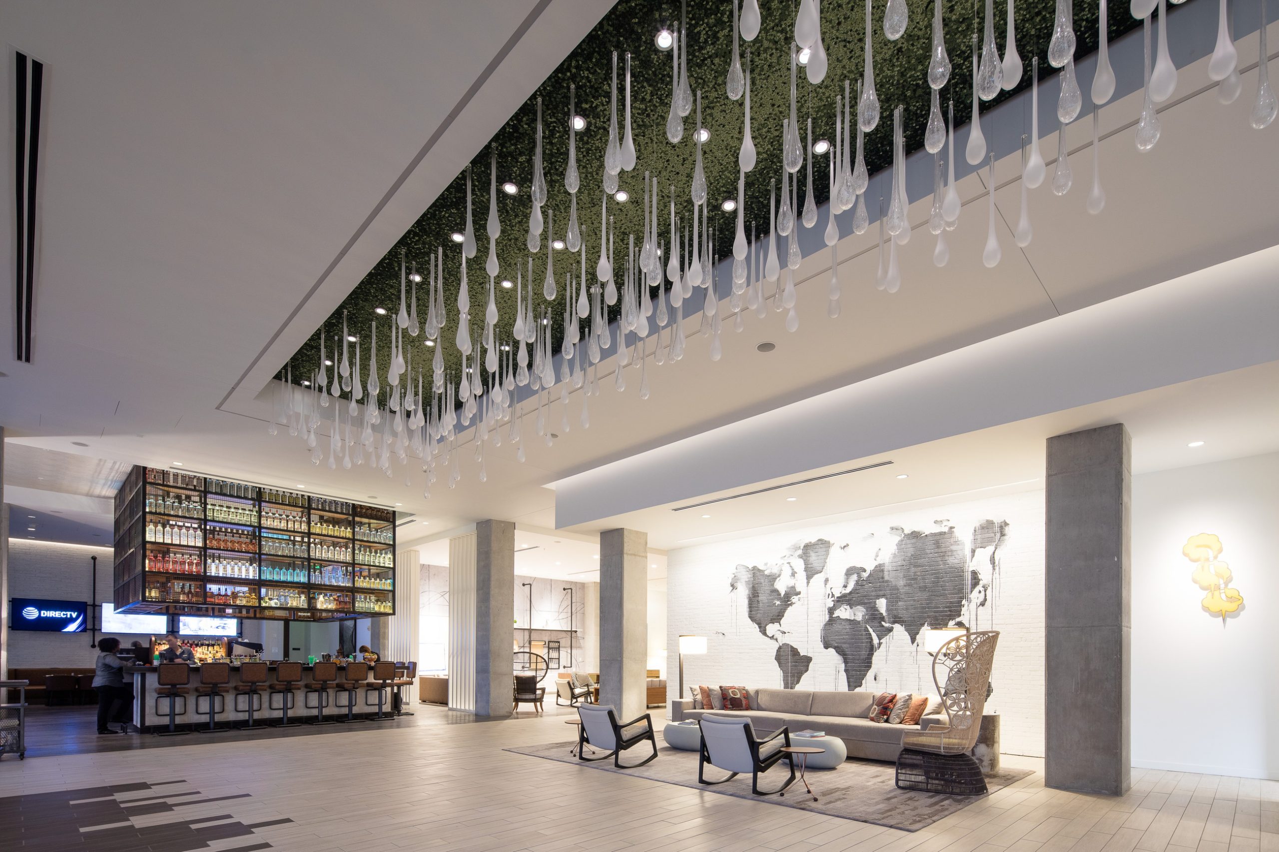 MYCELIUM feature ceiling seen from the lobby seating