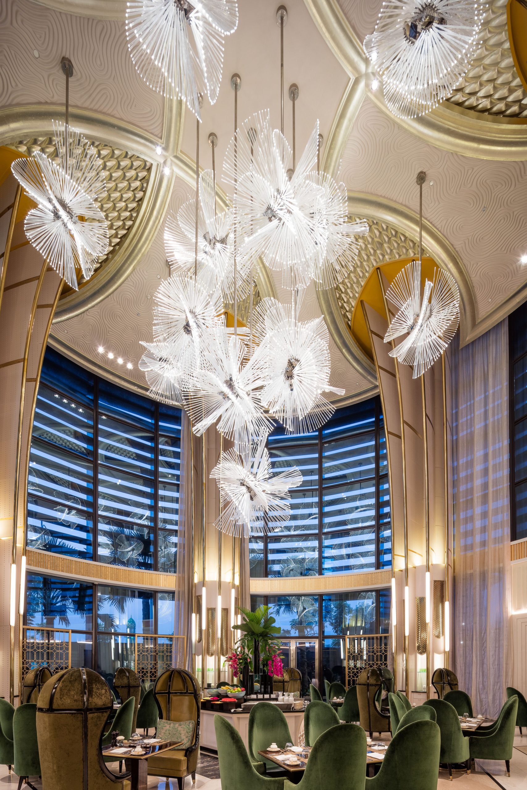 PUFF chandelier seen from the atrium floor