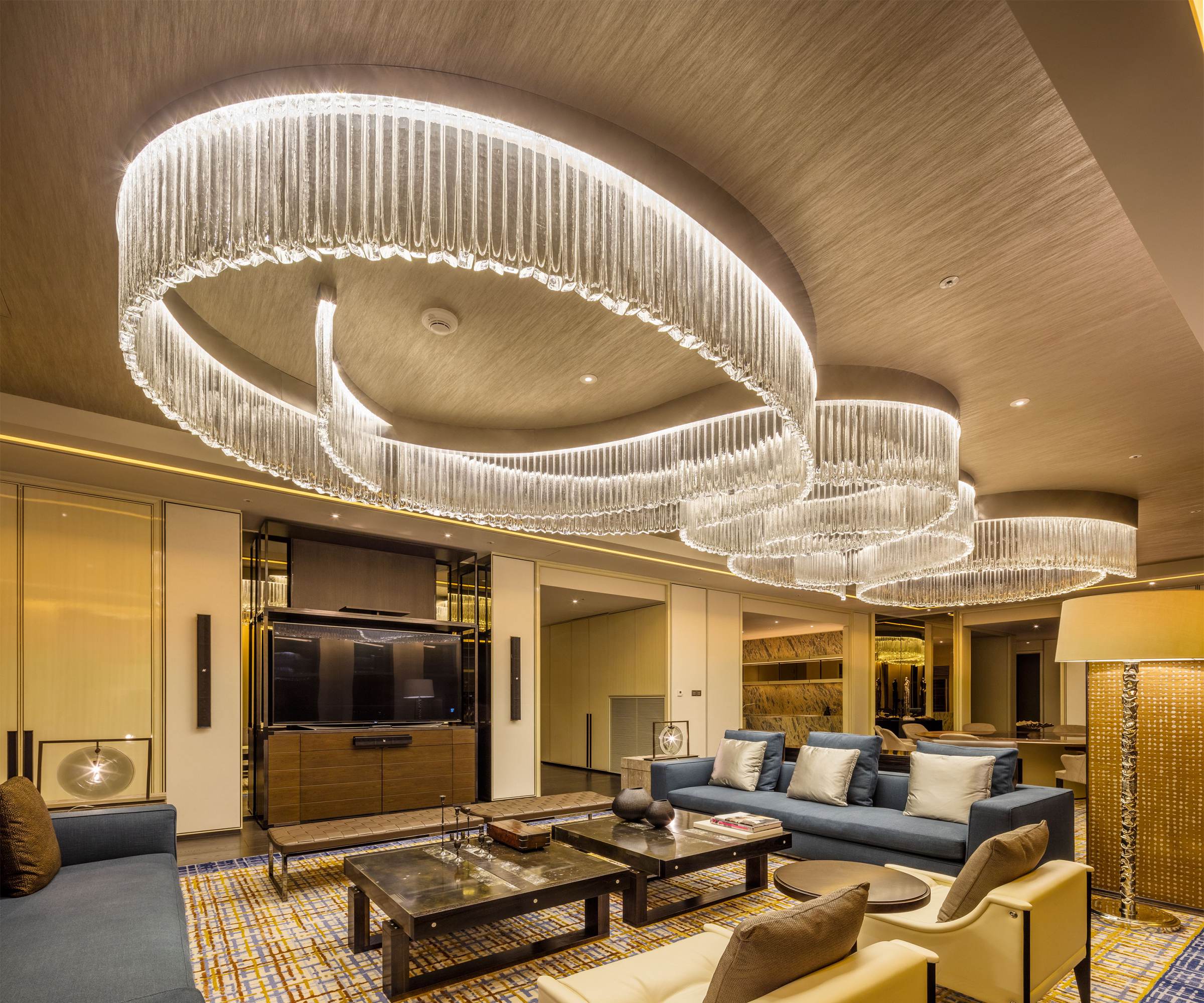 ETERNITY glass ring chandelier by SHUCHUANG, two ovals crossing in a suite ceiling