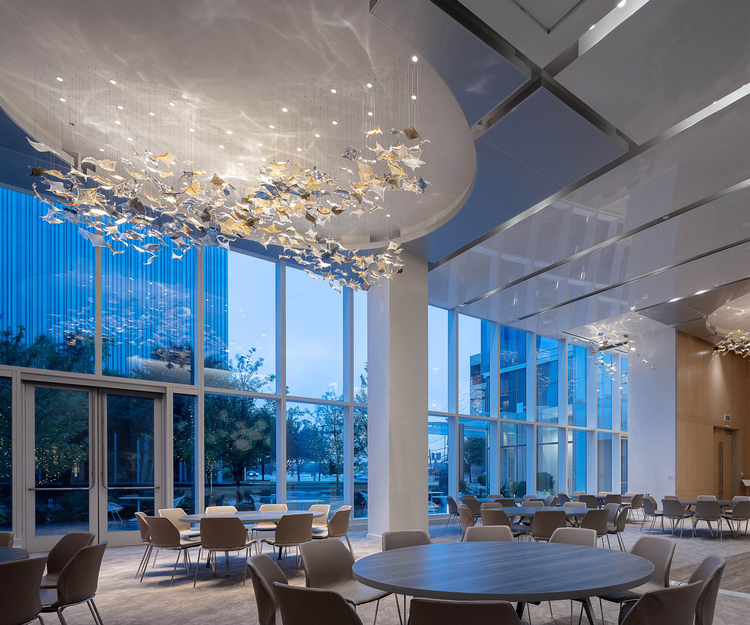 KOI coloured glass chandelier by SHUCHUANG, leaves among clear bead strands