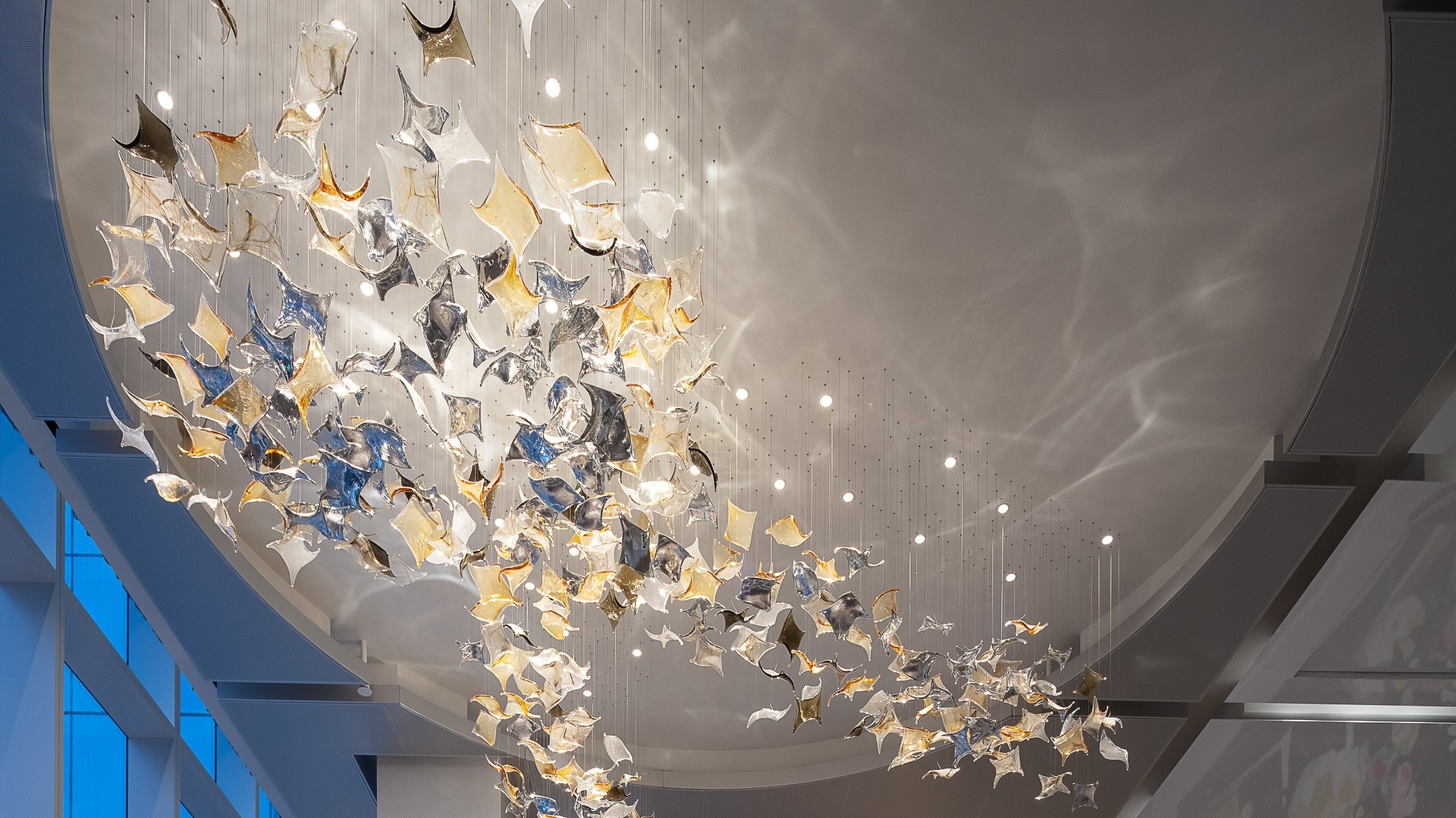 KOI chandelier seen from the lounge seating below