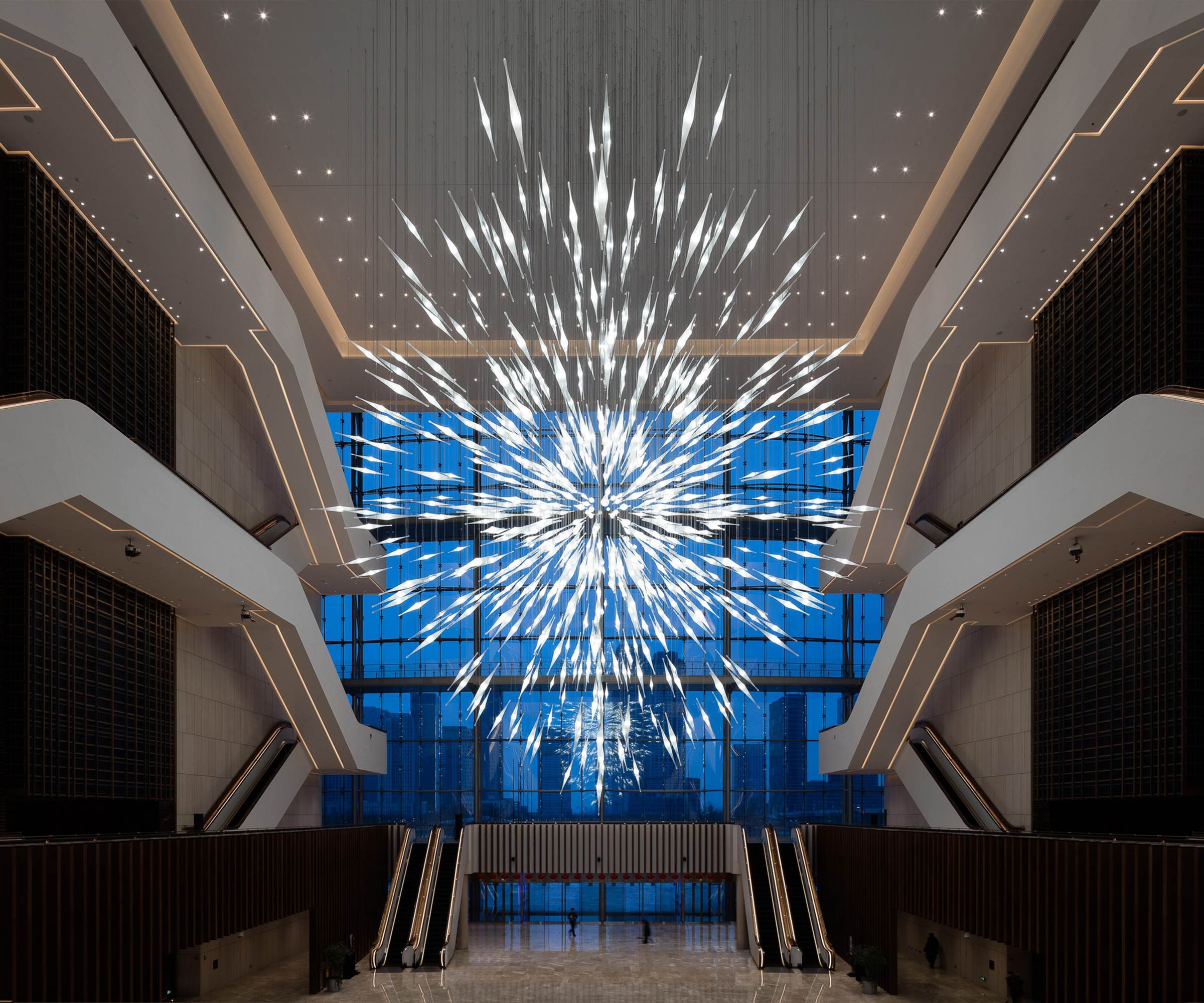STARBURST exploding star chandelier by SHUCHUANG, full sphere in the atrium void