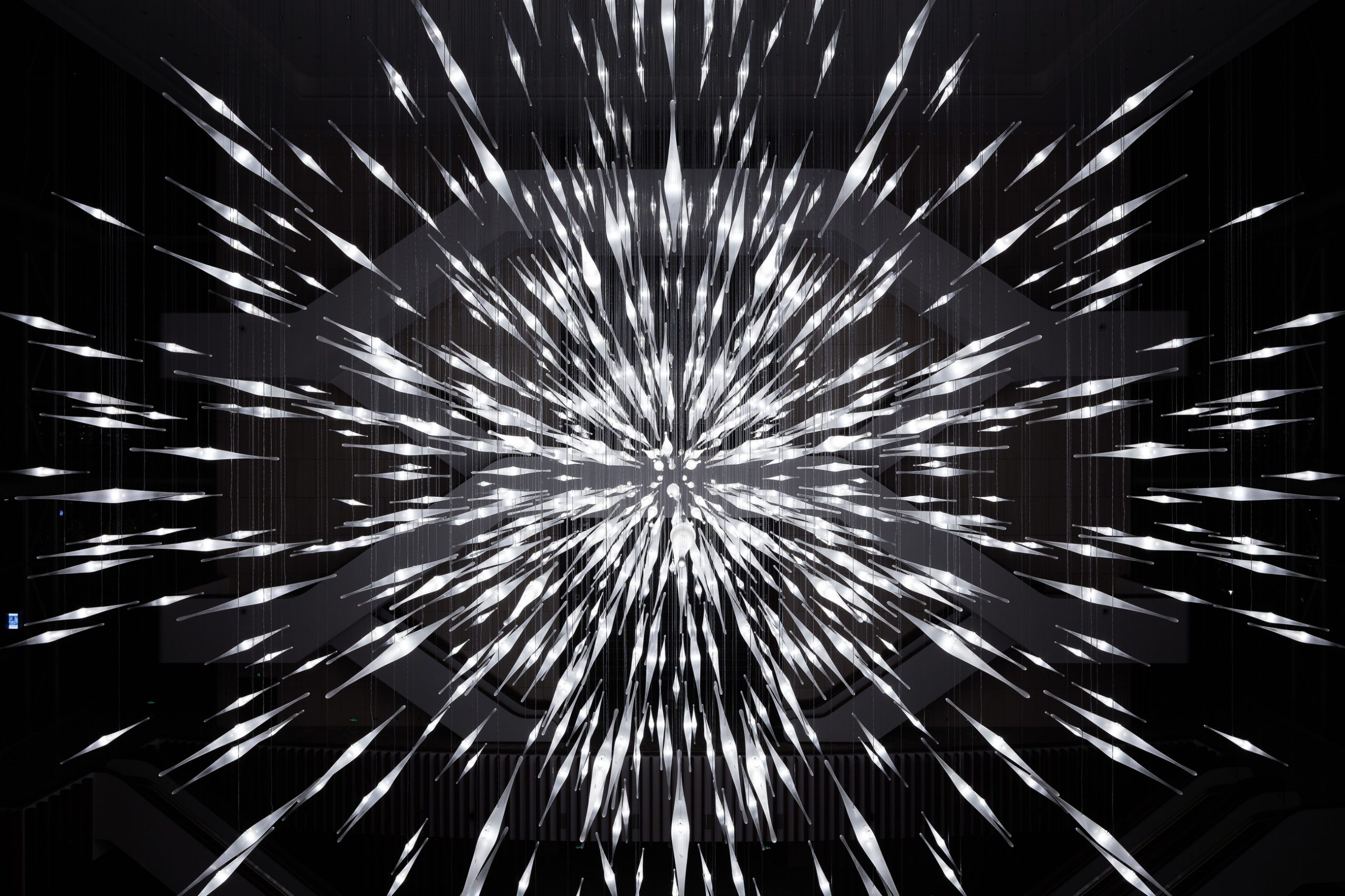STARBURST exploding star chandelier by SHUCHUANG, full sphere in the atrium void