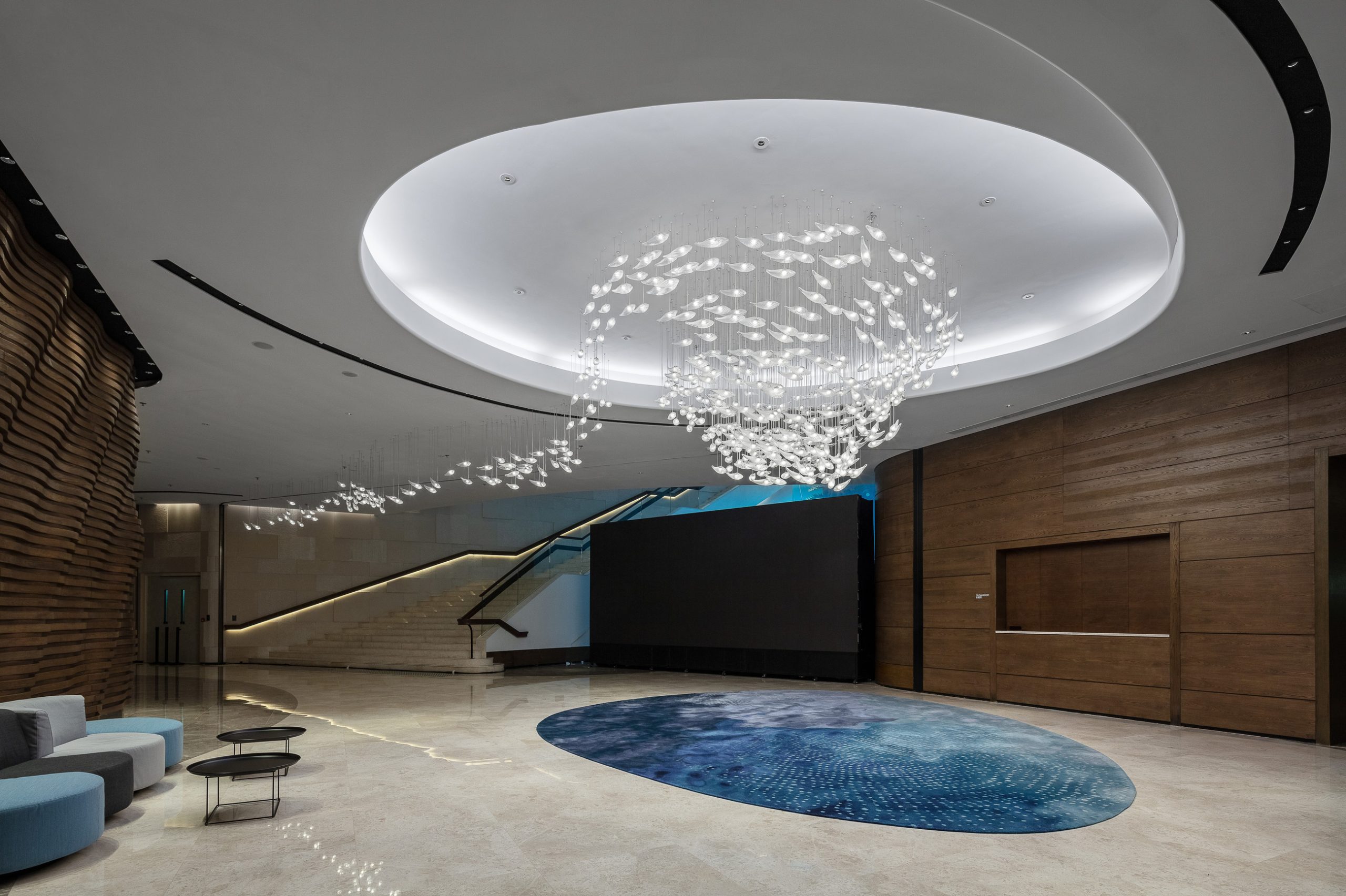 CONCH crystal shell chandelier seen from the seating area