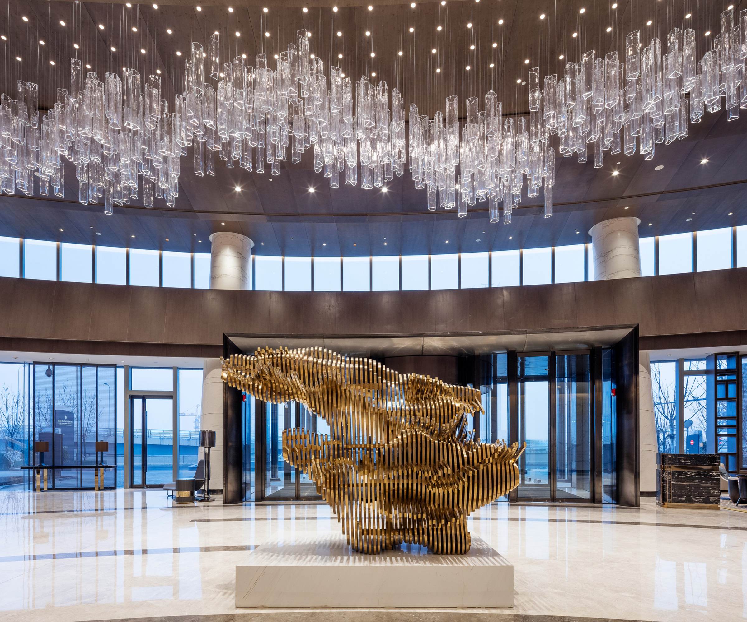 CYLINDER crystal rain ceiling light by SHUCHUANG, rolling field over a grand lobby