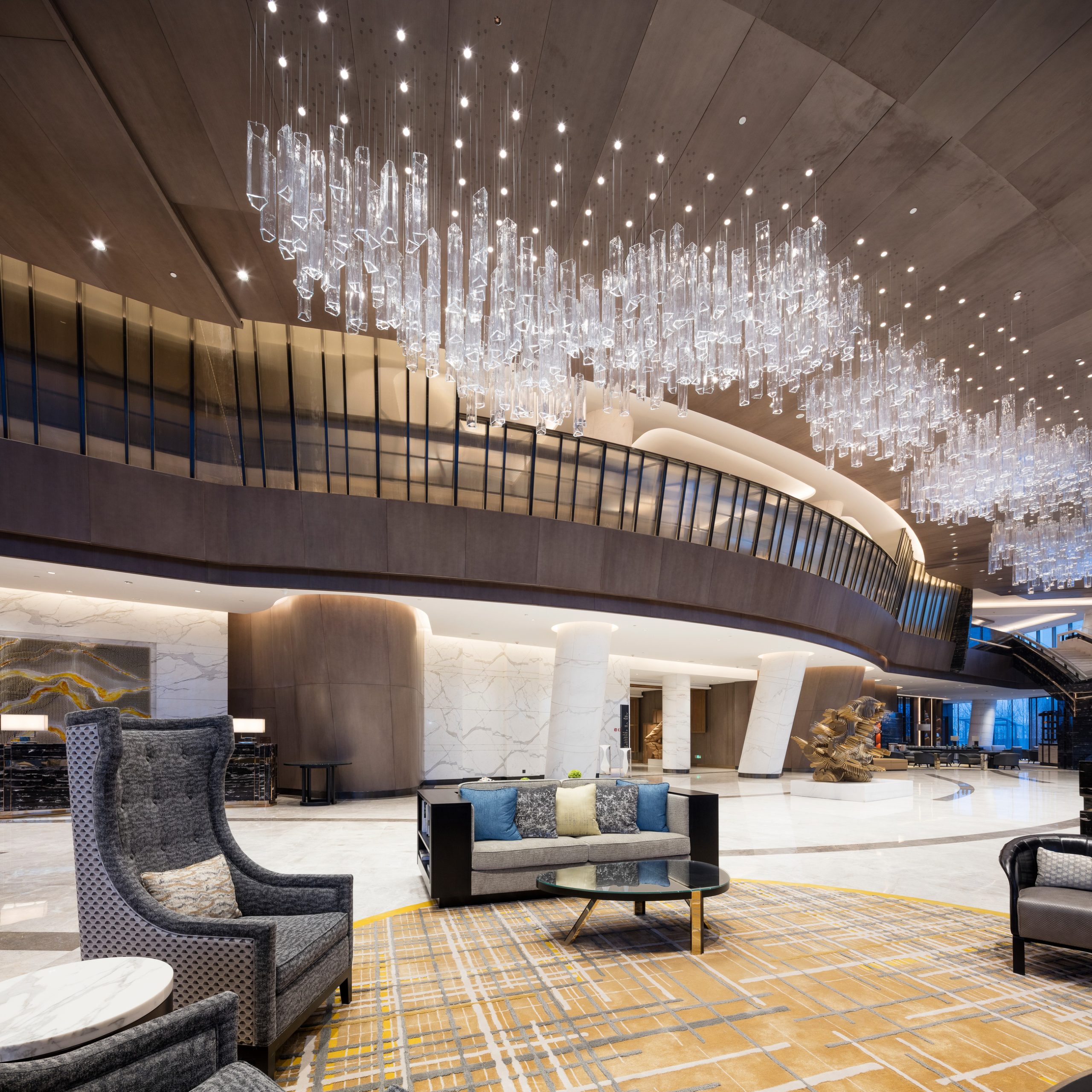 CYLINDER crystal rods over the lobby, wide view