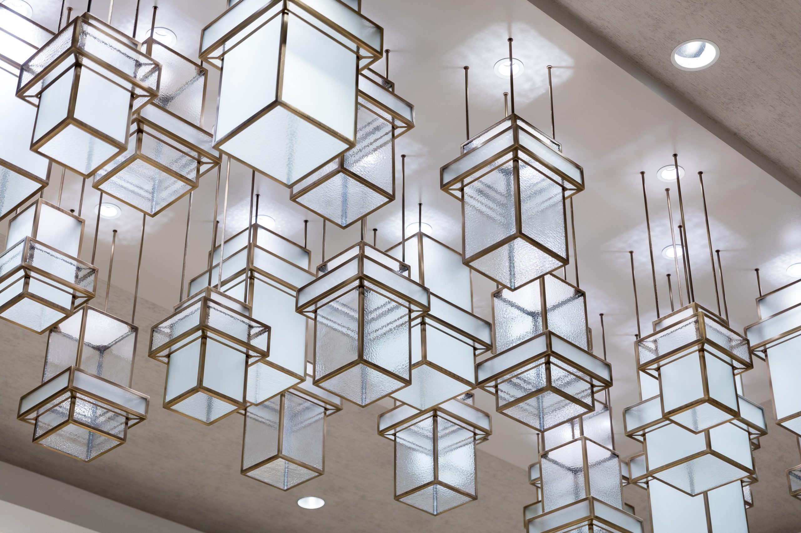 BRASS lantern chandelier seen from the room floor