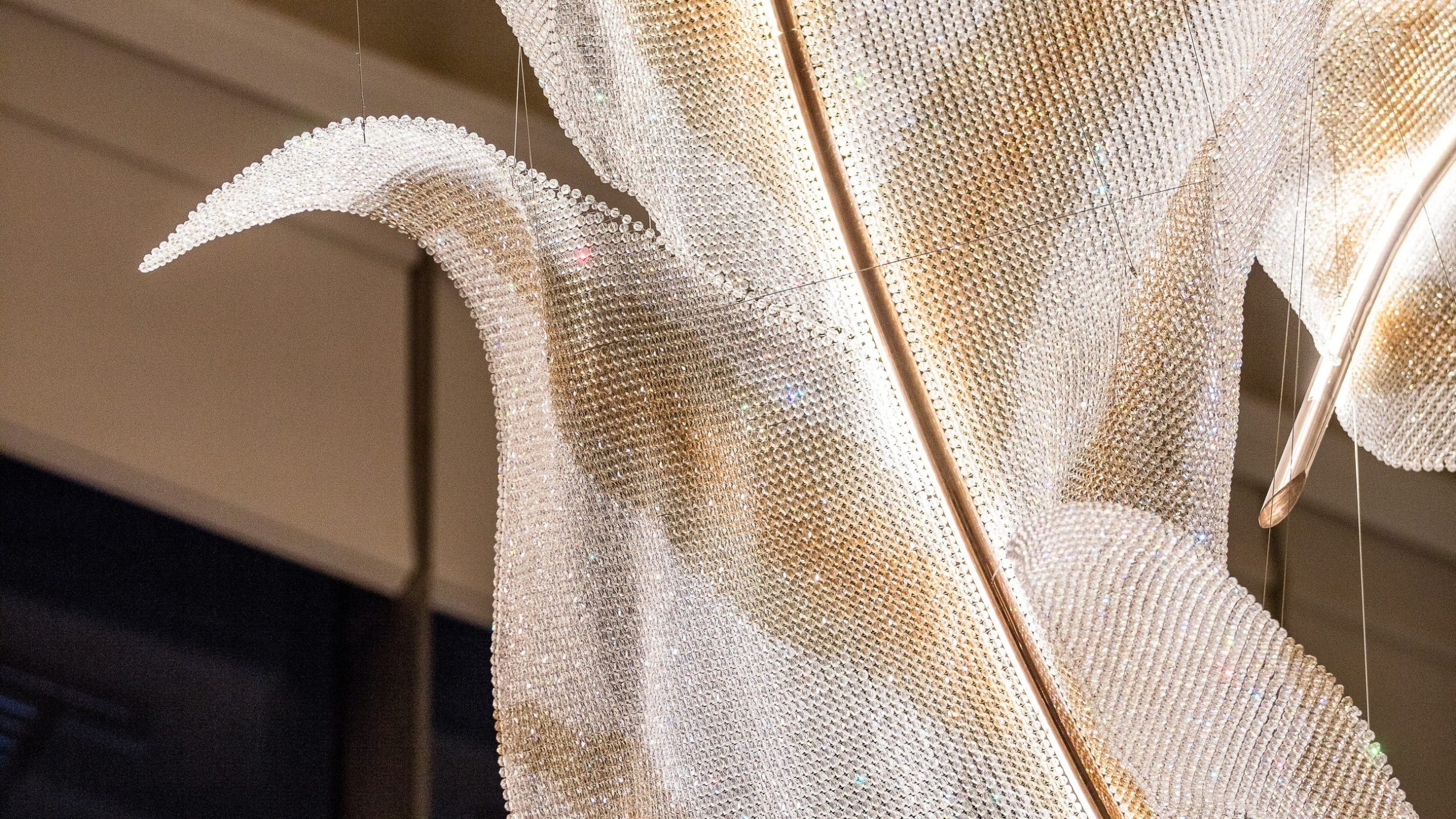 ARIA chandelier, crystal mesh surface in raking light