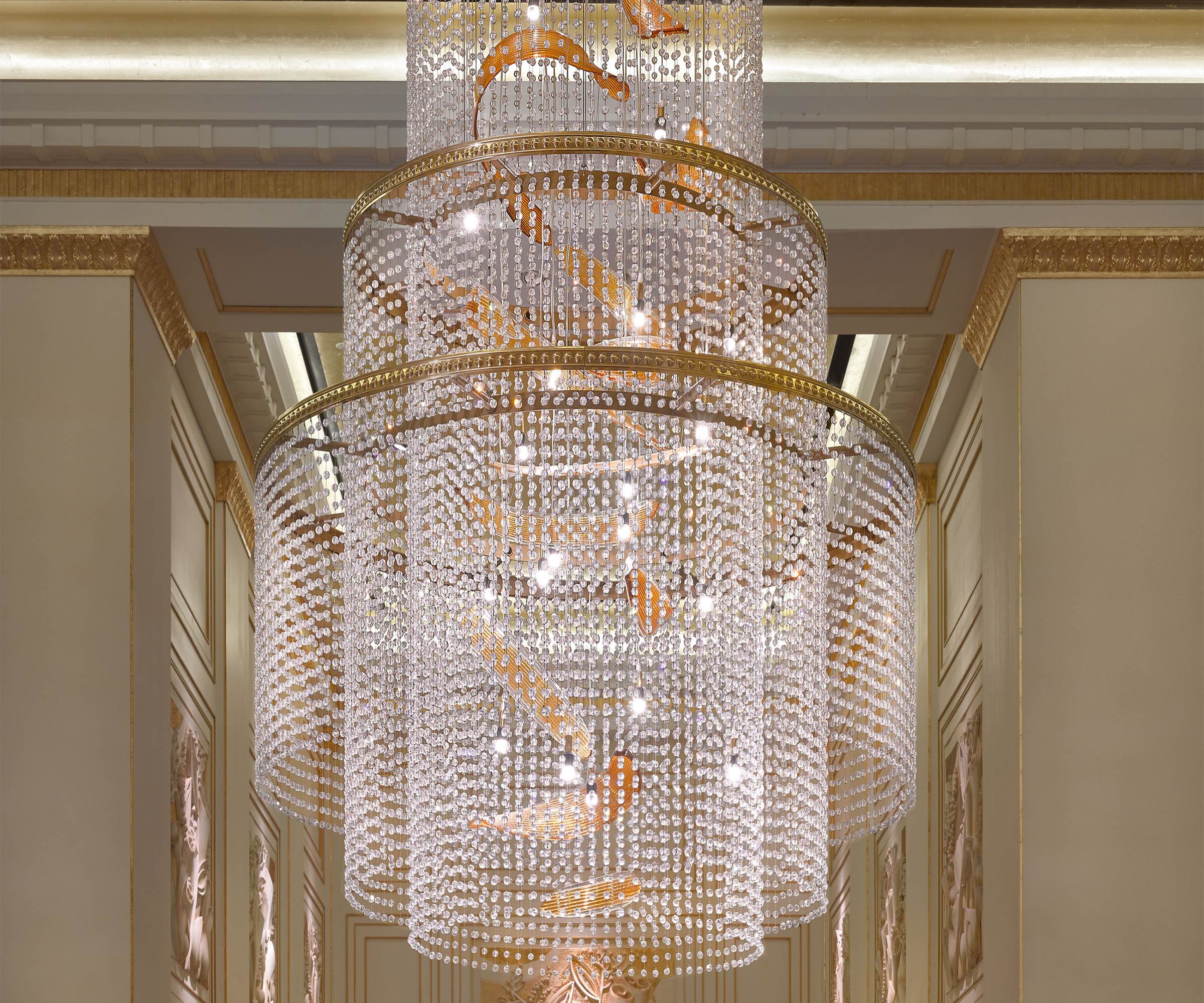 EMPIRE tiered crystal chandelier by SHUCHUANG, close view of the strung crystal tiers
