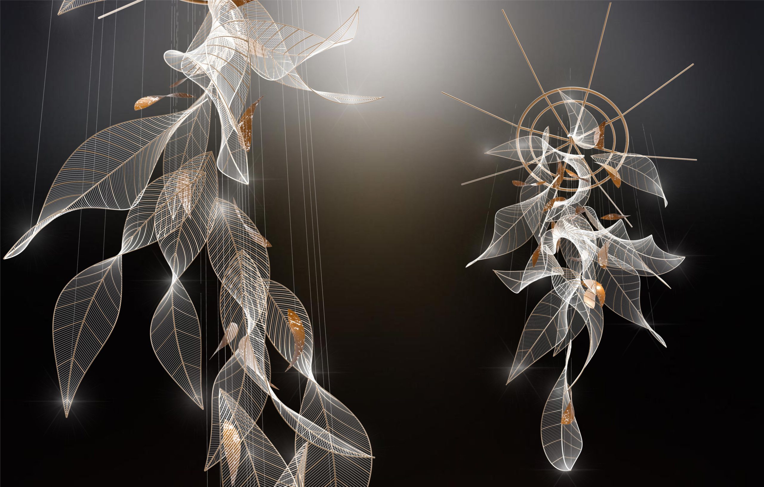 FOLIA chandelier seen against a dark ceiling, leaves lit from within