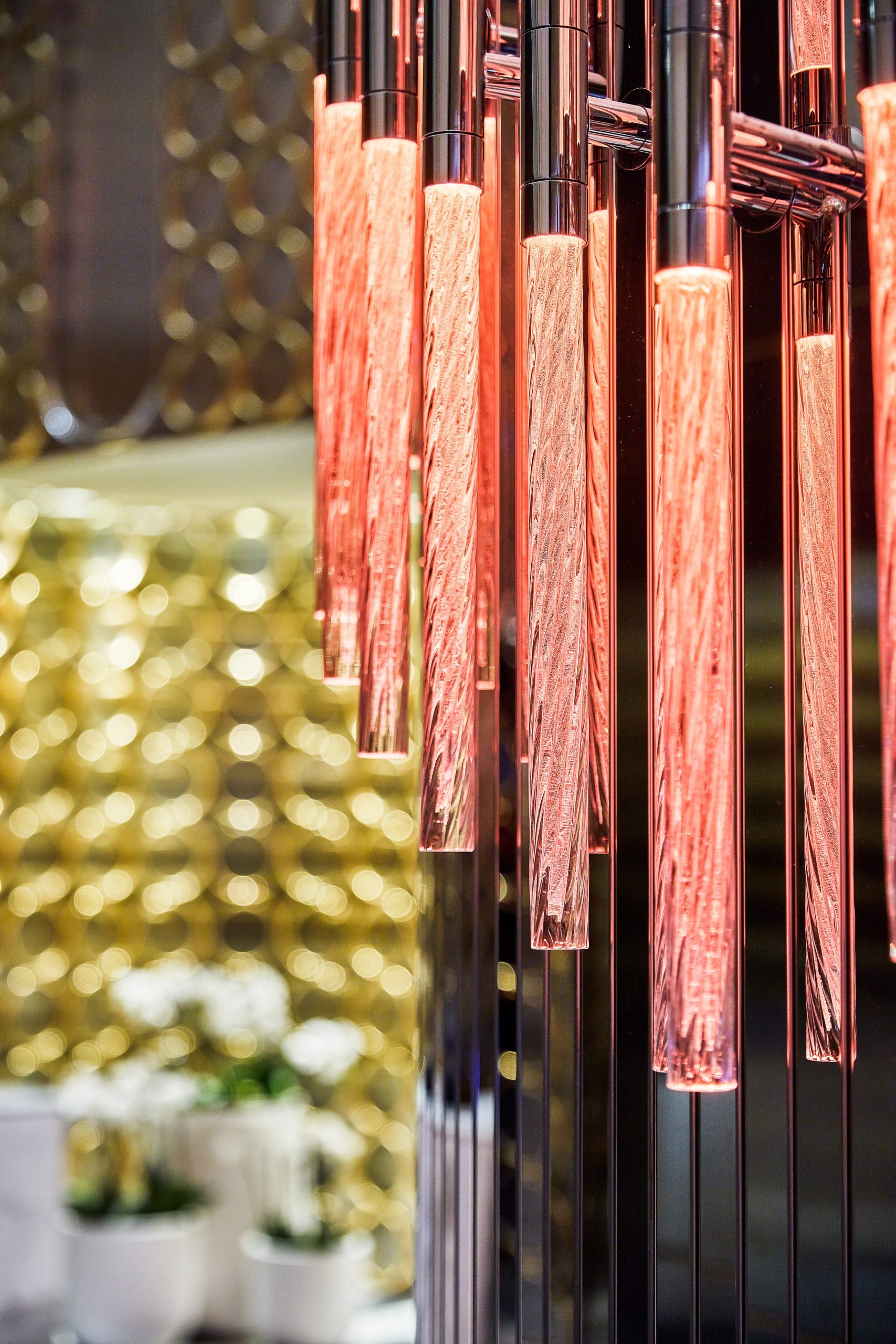 VORTEX chandelier, close view of the textured crystal rods