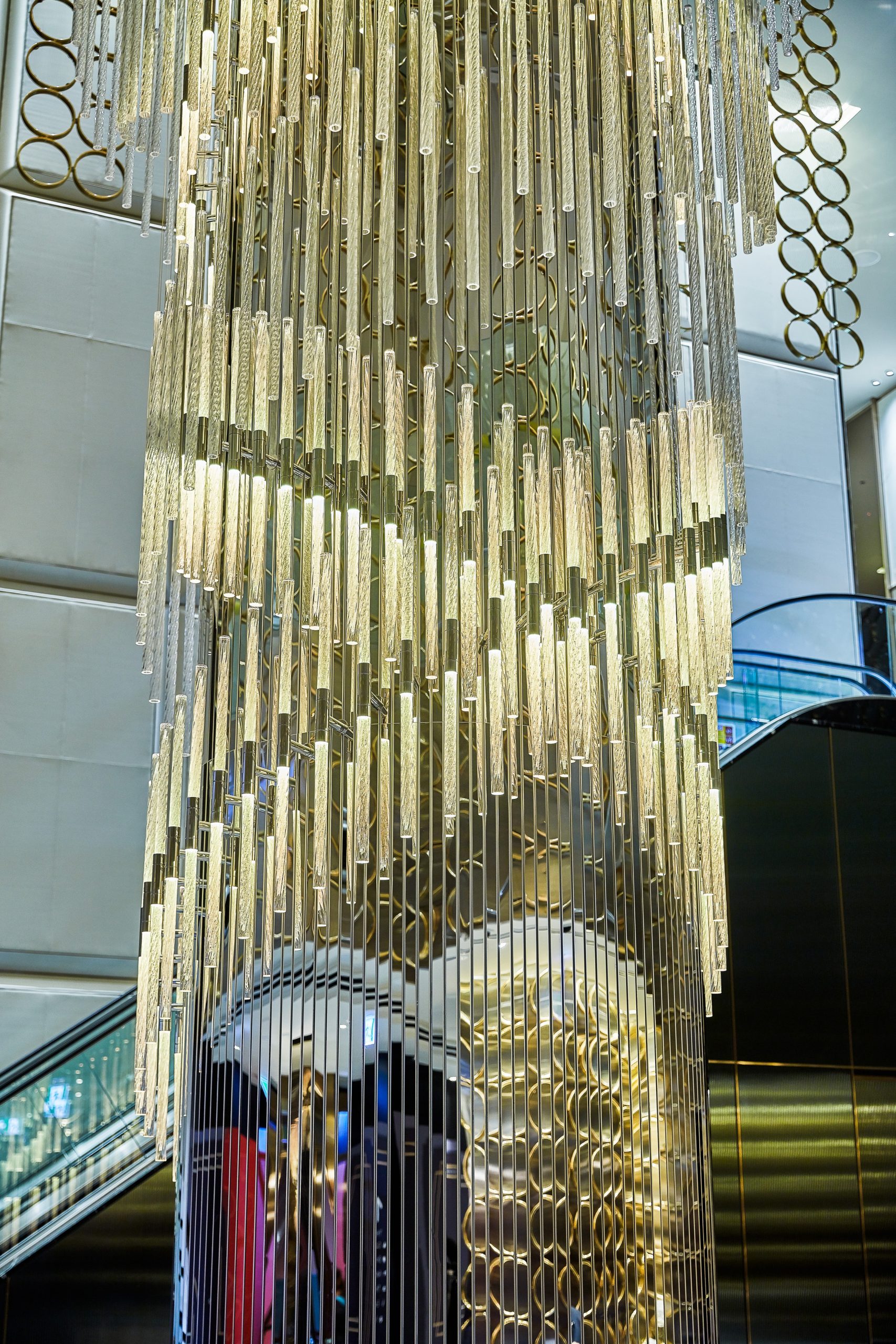 VORTEX cascading crystal chandelier seen from the upper floor