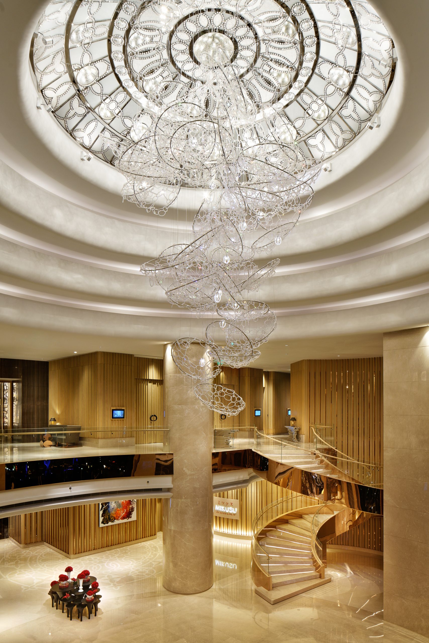 CIRRUS crystal lace chandelier, full view in the lobby rotunda