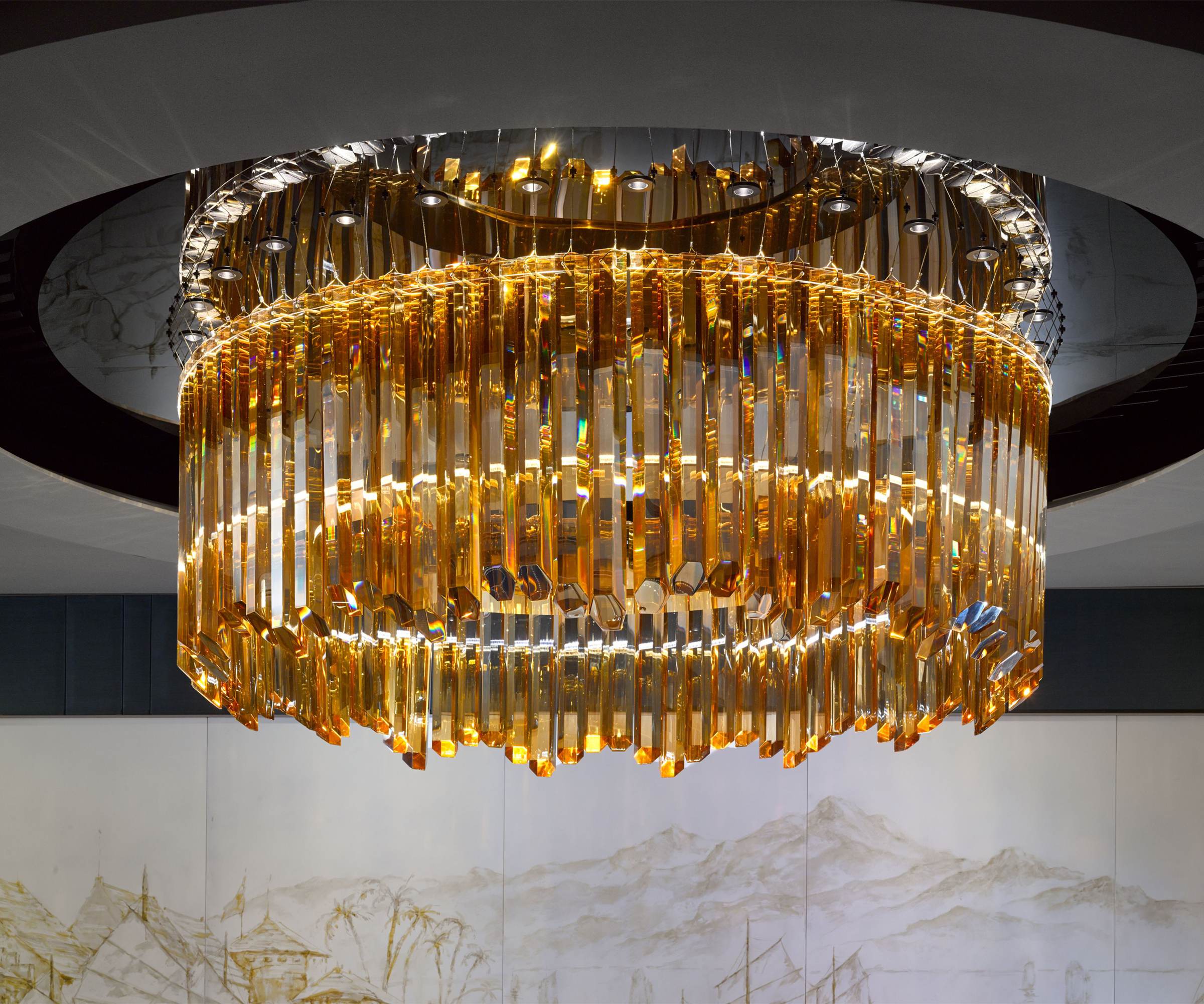 AURELIA amber crystal chandelier by SHUCHUANG, close view of the banded amber rods