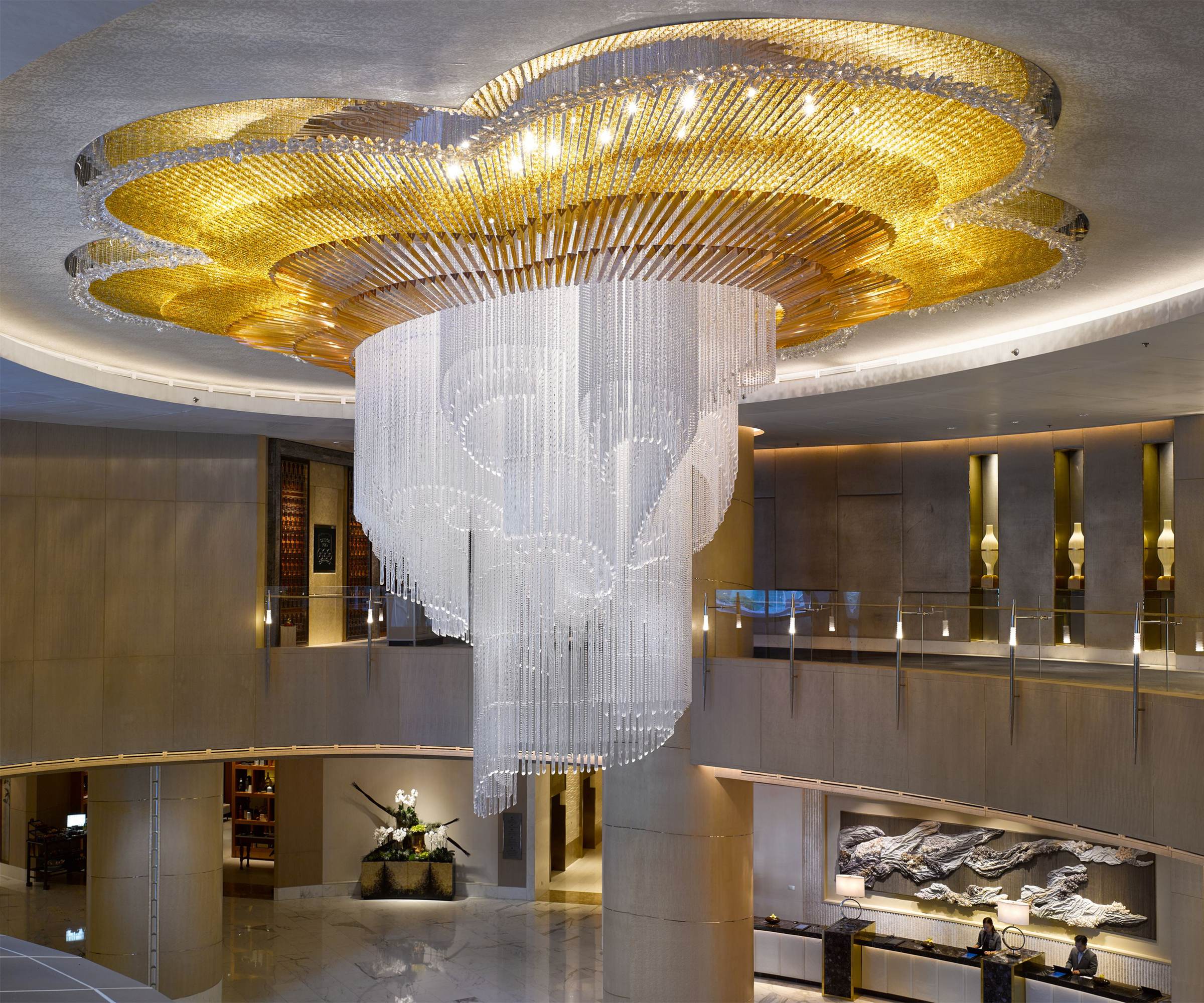 MAGNOLIA crystal lobby chandelier by SHUCHUANG, gold canopy and clear fall together