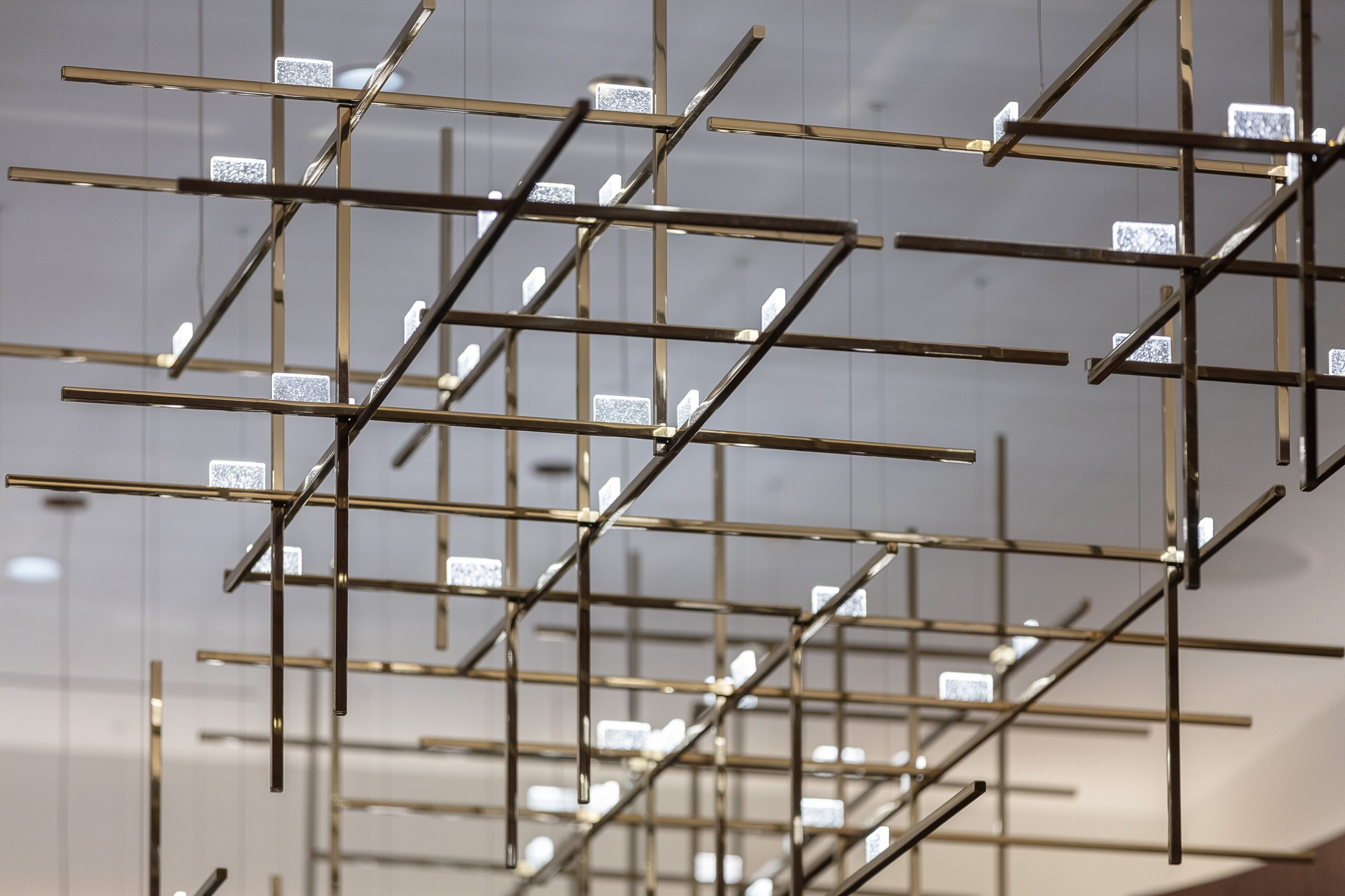 BECKETT rod lattice chandelier, full ceiling view