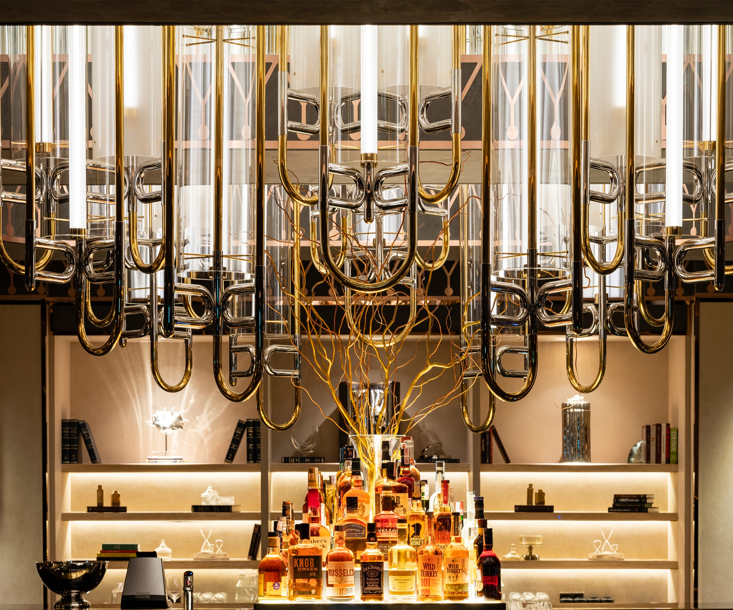 STERLING custom bar chandelier by SHUCHUANG, full view in a bar
