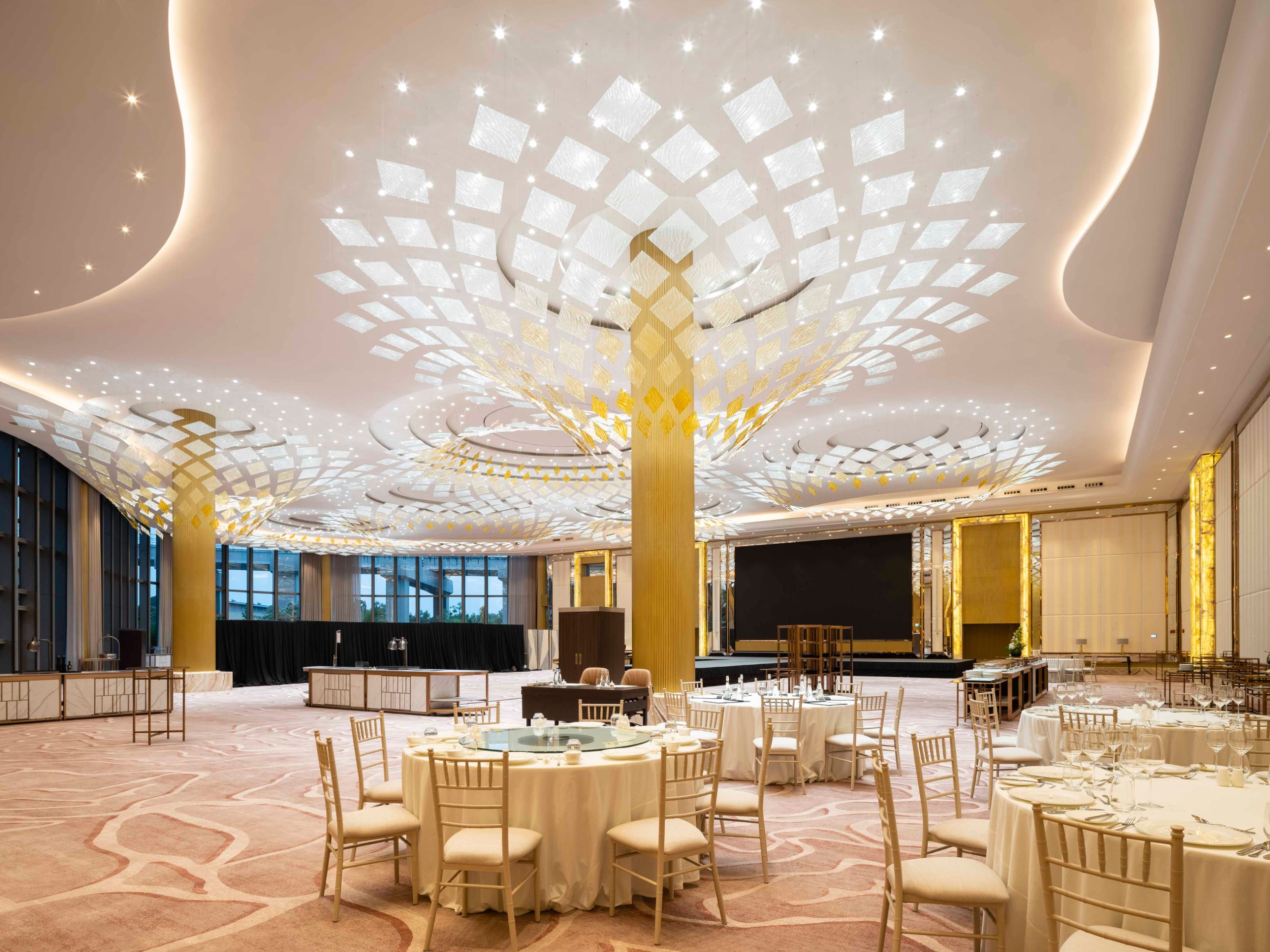 ARBRE ballroom ceiling installation by SHUCHUANG, full view in a ballroom