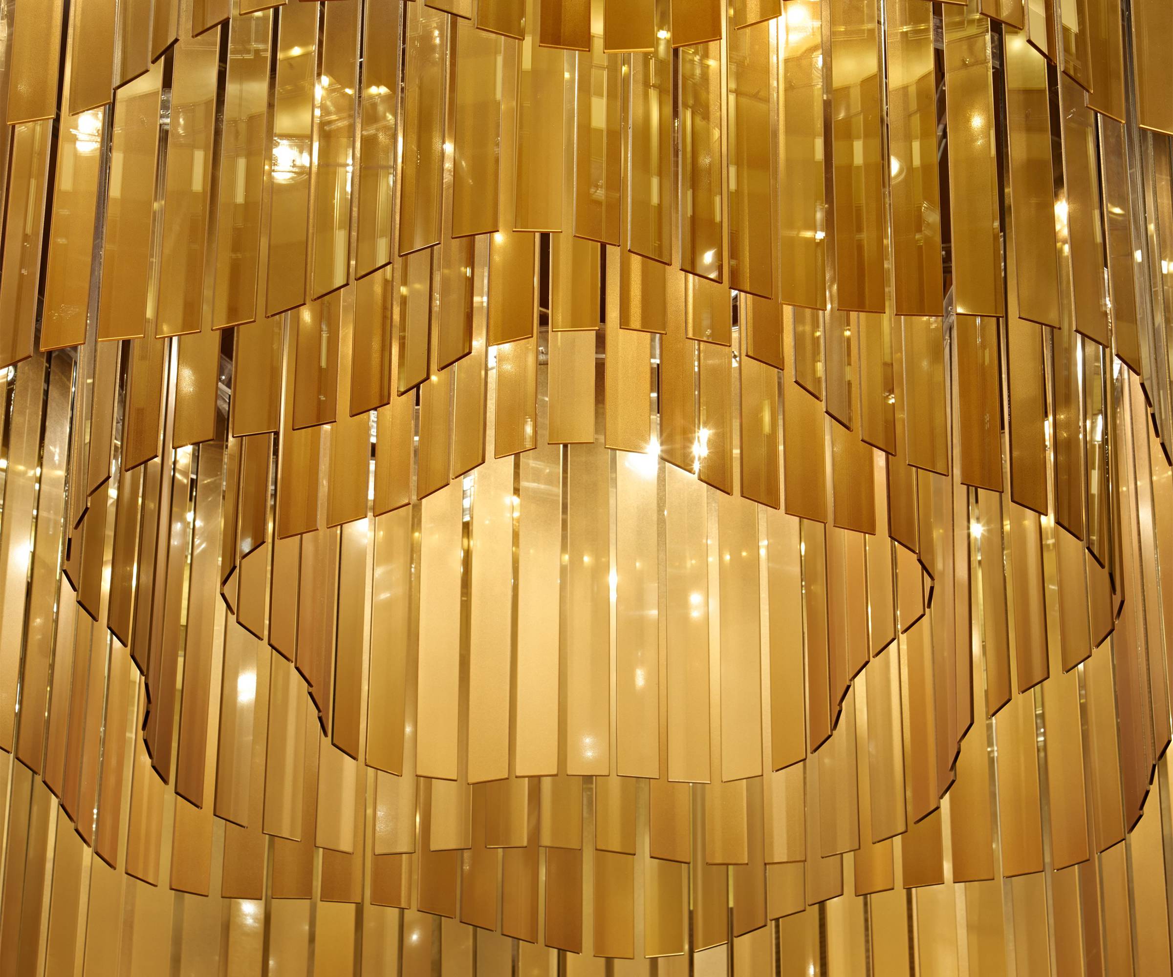 PAVILION custom gold chandelier by SHUCHUANG, close view of the gilded blades