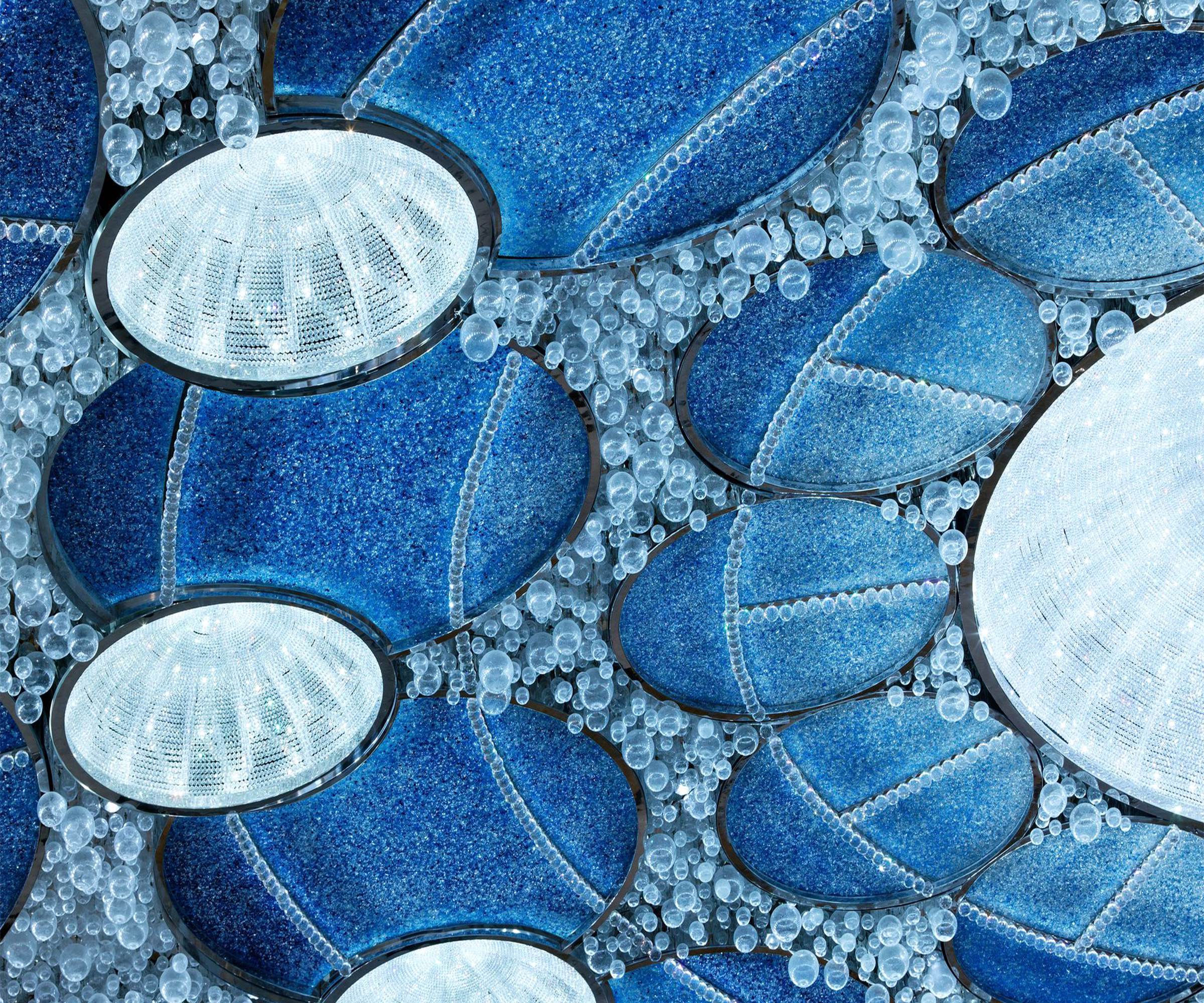 AZURE glass dome ceiling light by SHUCHUANG, close detail of blue panels and clear pressed discs