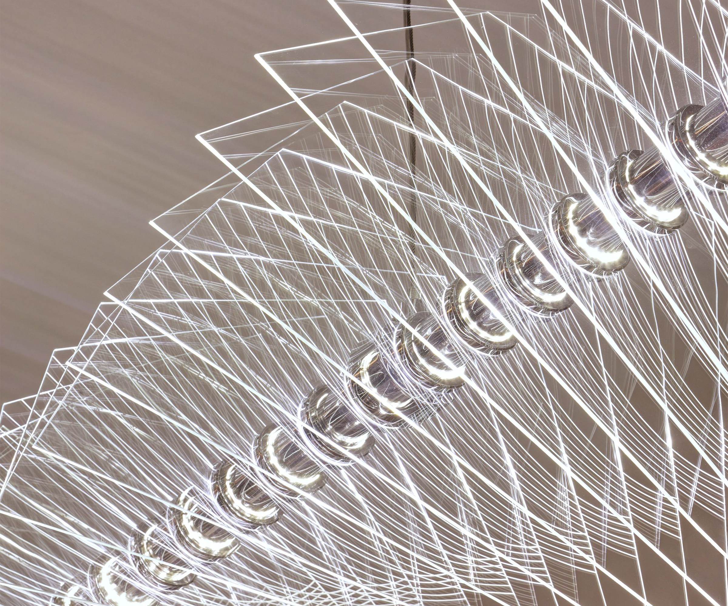 WEBB linear boardroom chandelier by SHUCHUANG, close view of the edge-lit fins