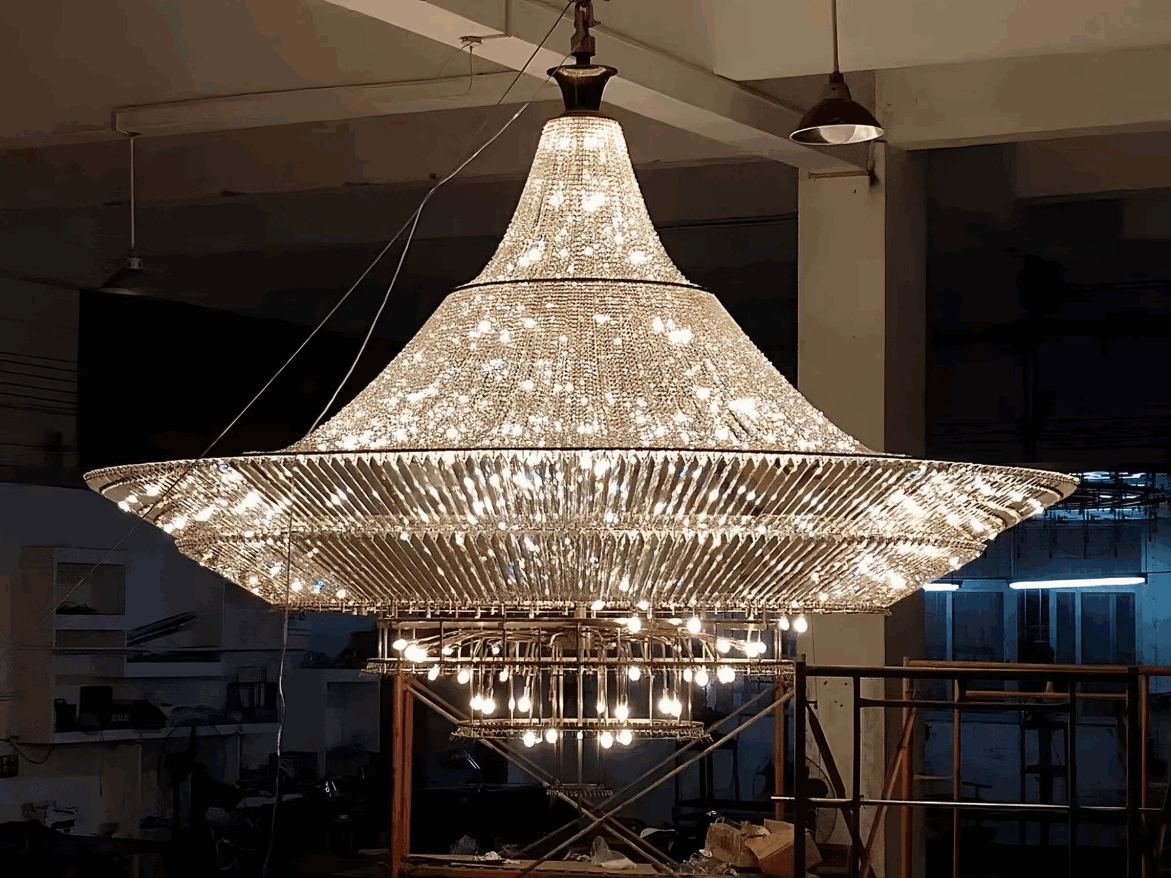 REGENT chandelier, close detail of the crystal + stainless steel