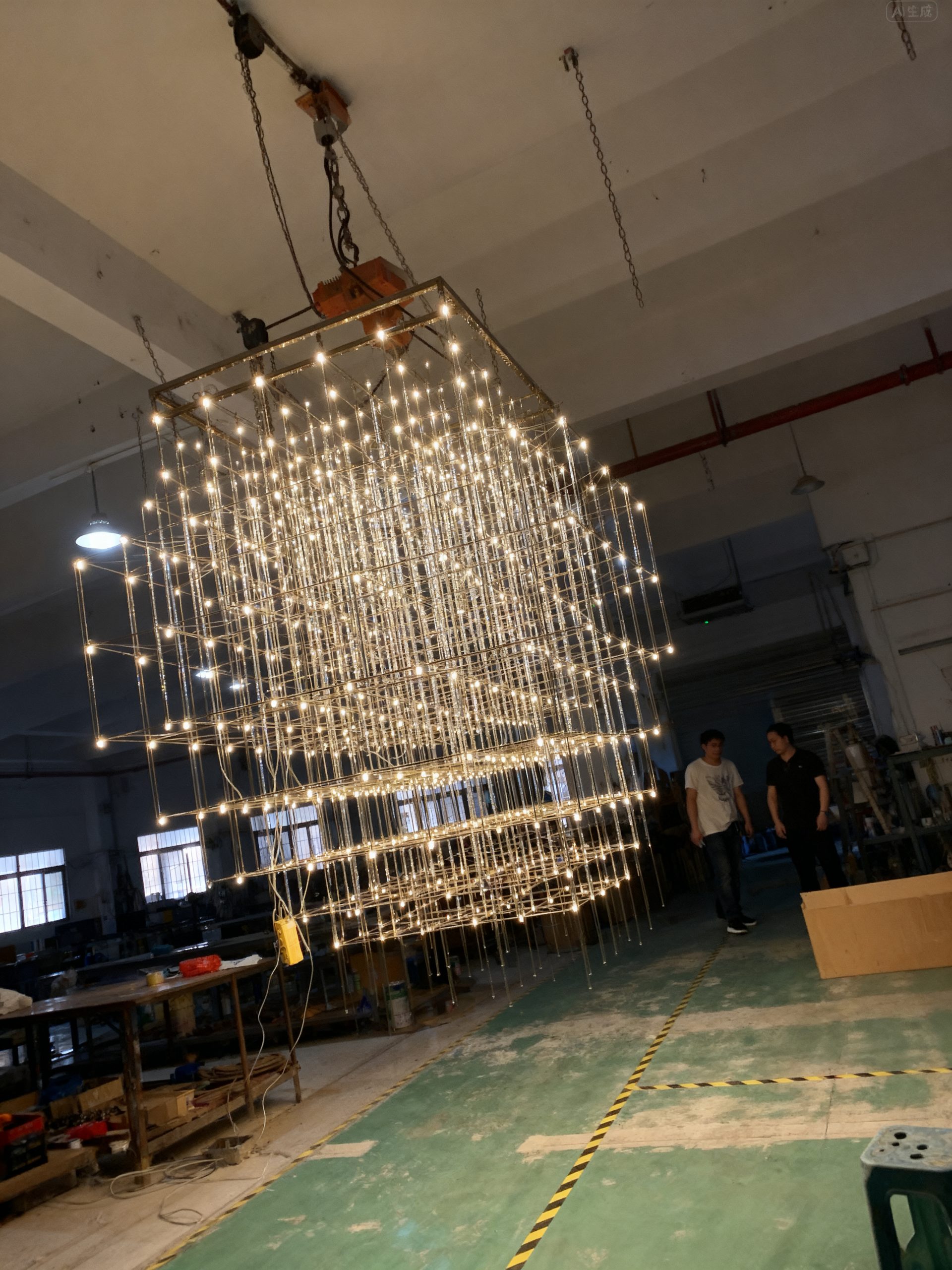 AUTUMNUS custom glass chandelier by SHUCHUANG, full view in a hotel lobby