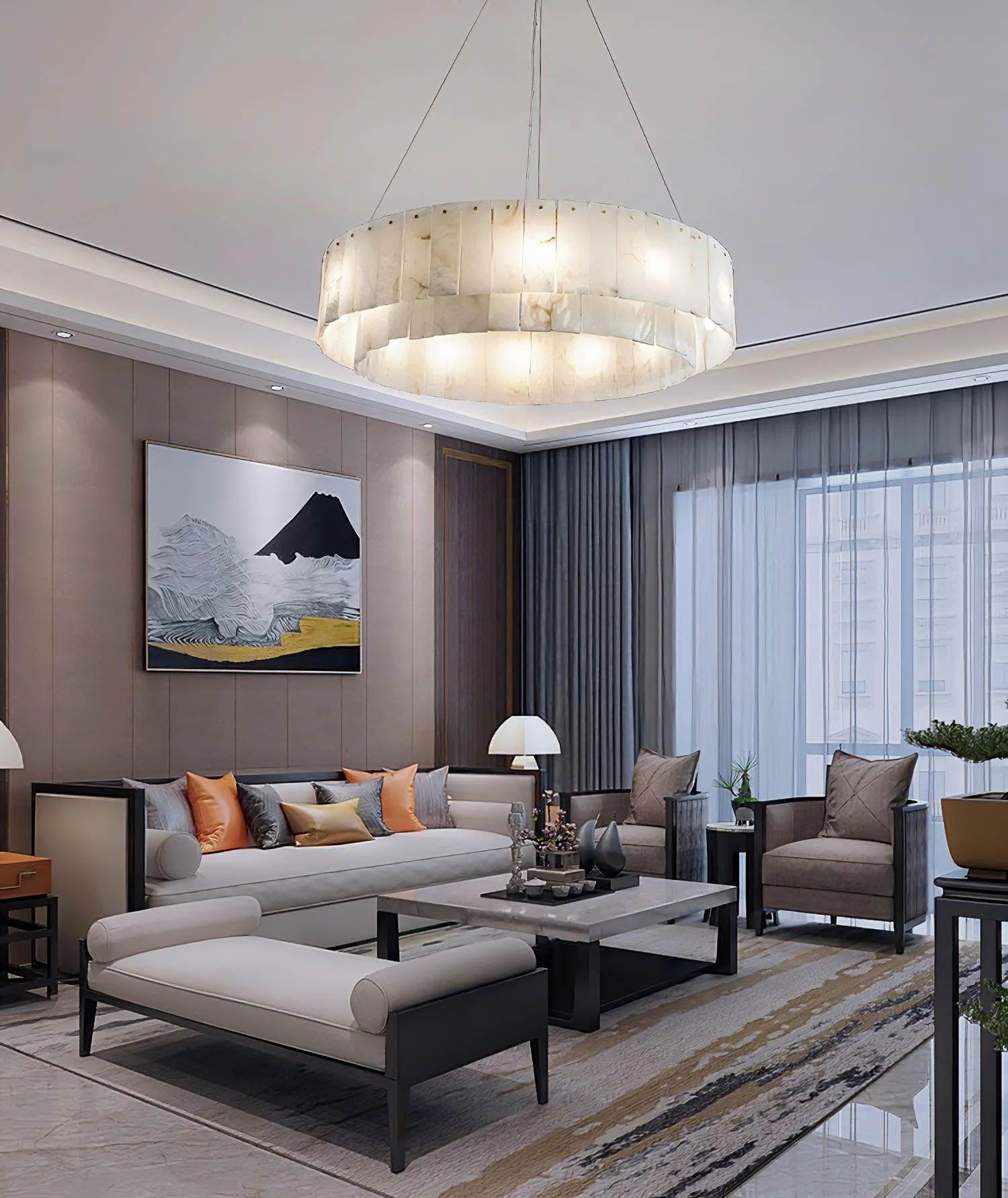 PALAZZO alabaster pendant light lit in a living room