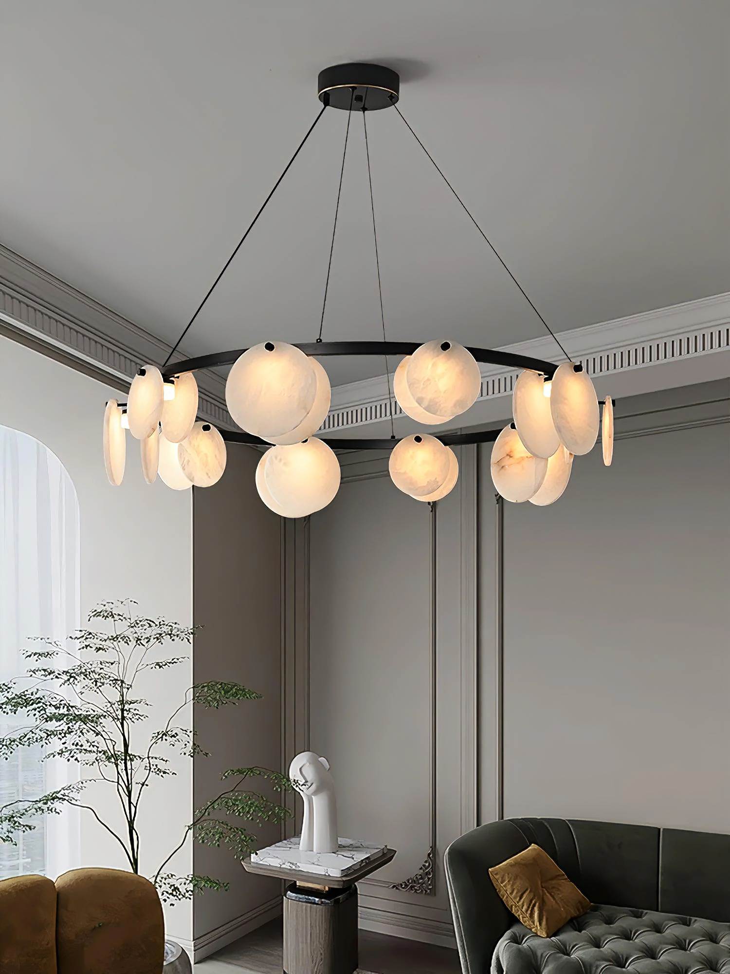 ORION alabaster pendant light in a bedroom interior