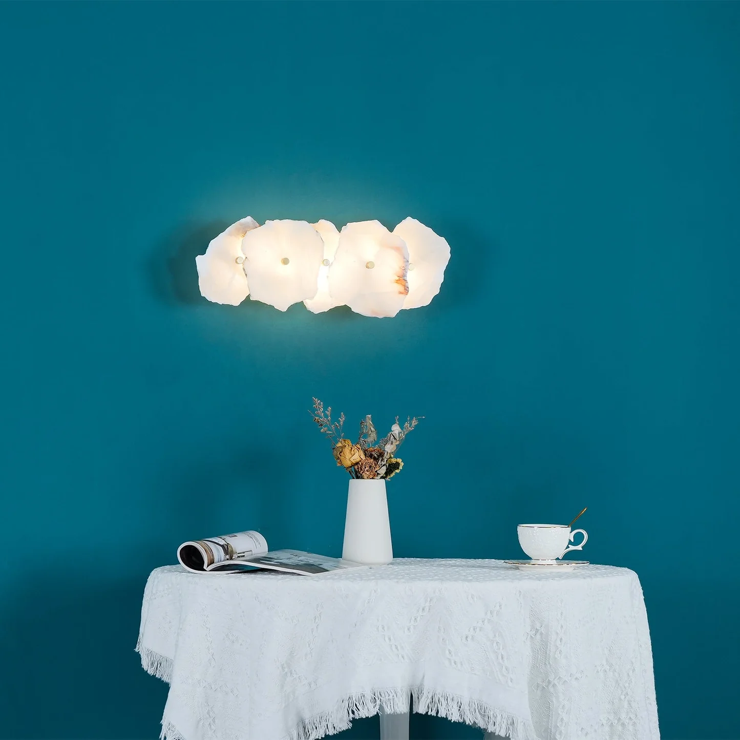 FREYA alabaster pendant light in a bedroom interior