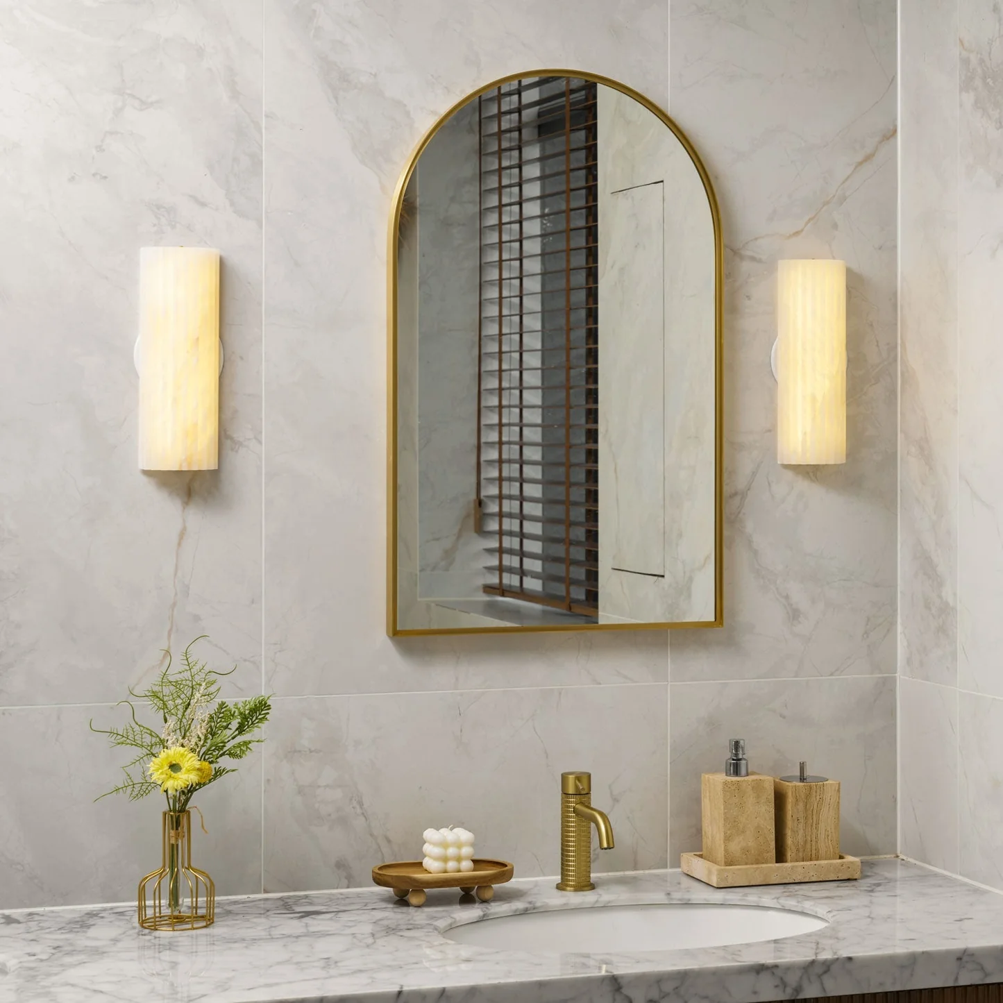 FLORA alabaster pendant light, warm glow detail