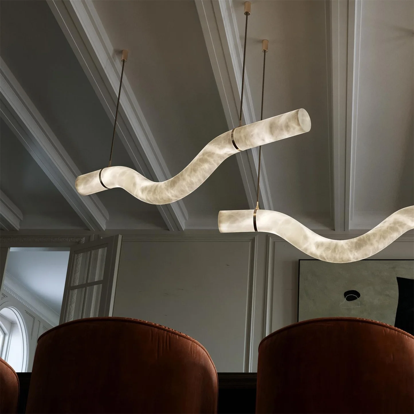 VENUS alabaster pendant light in a bedroom interior