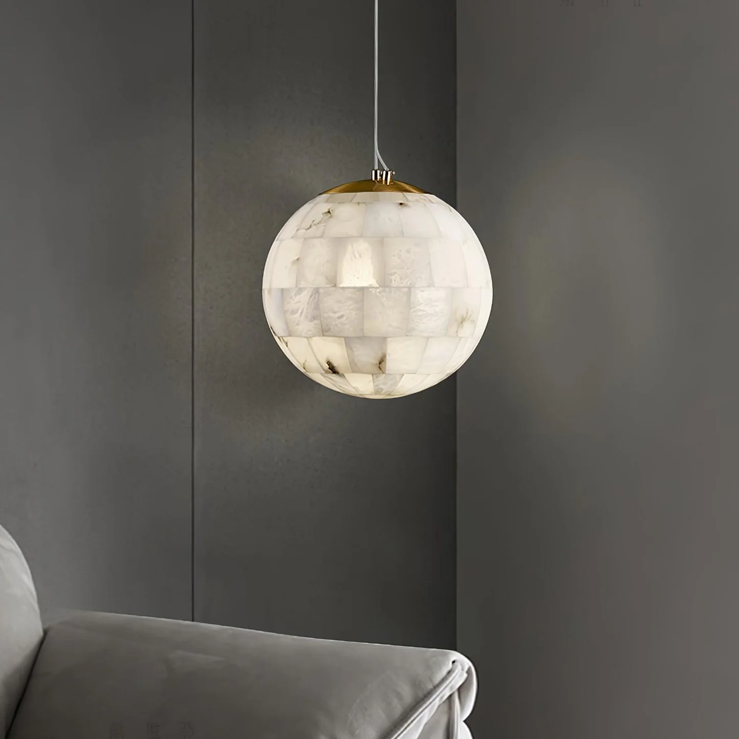 SEVILLE alabaster pendant light in a bedroom interior