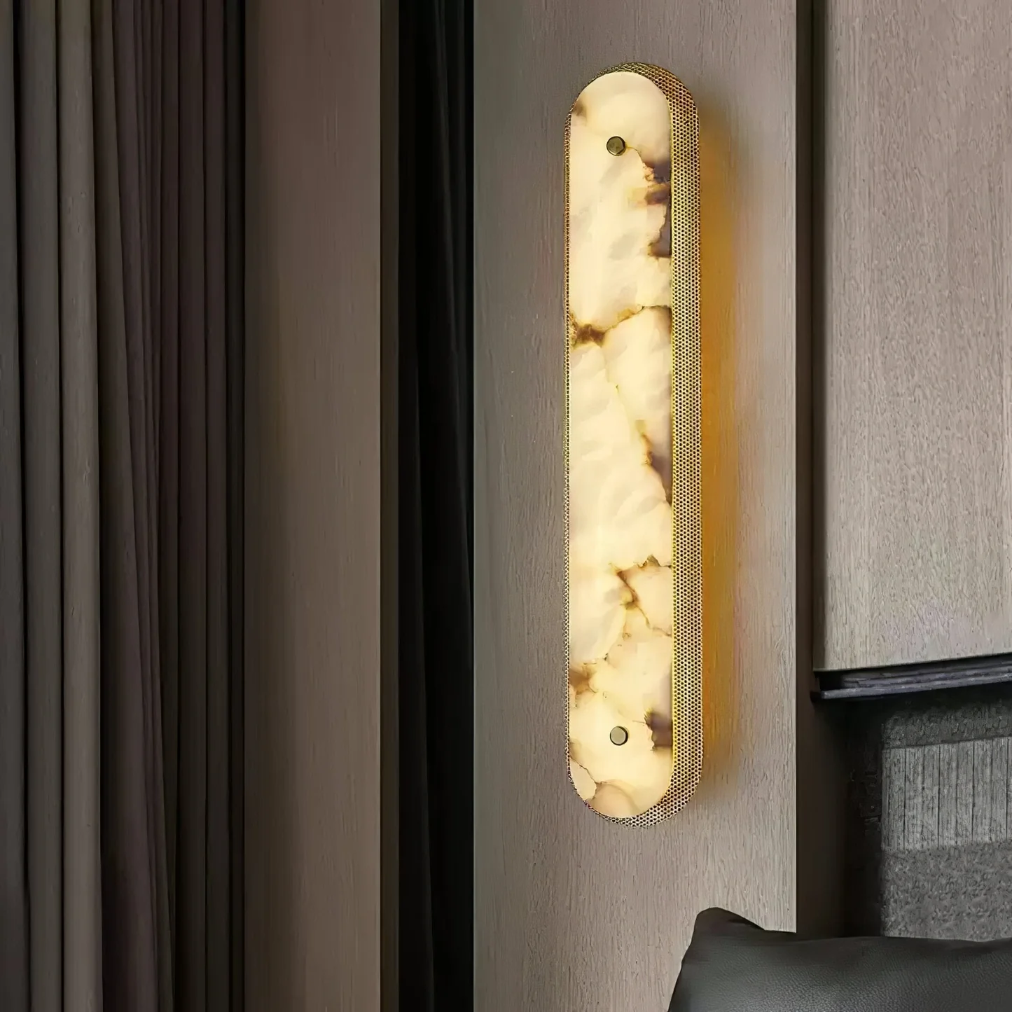 KNOX alabaster Wall sconce lit in a living room