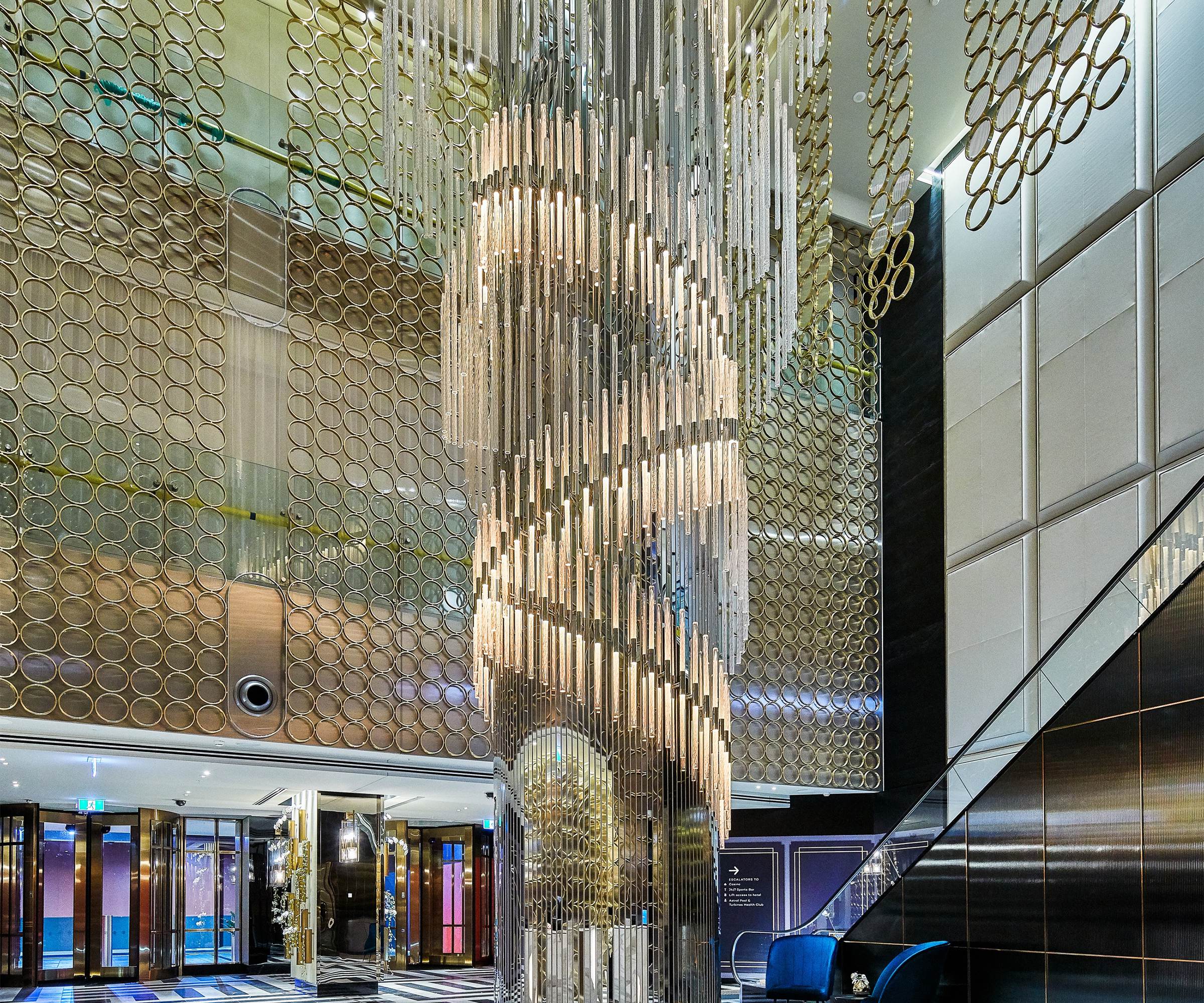 Large-scale custom crystal chandelier in a landmark resort, Sydney