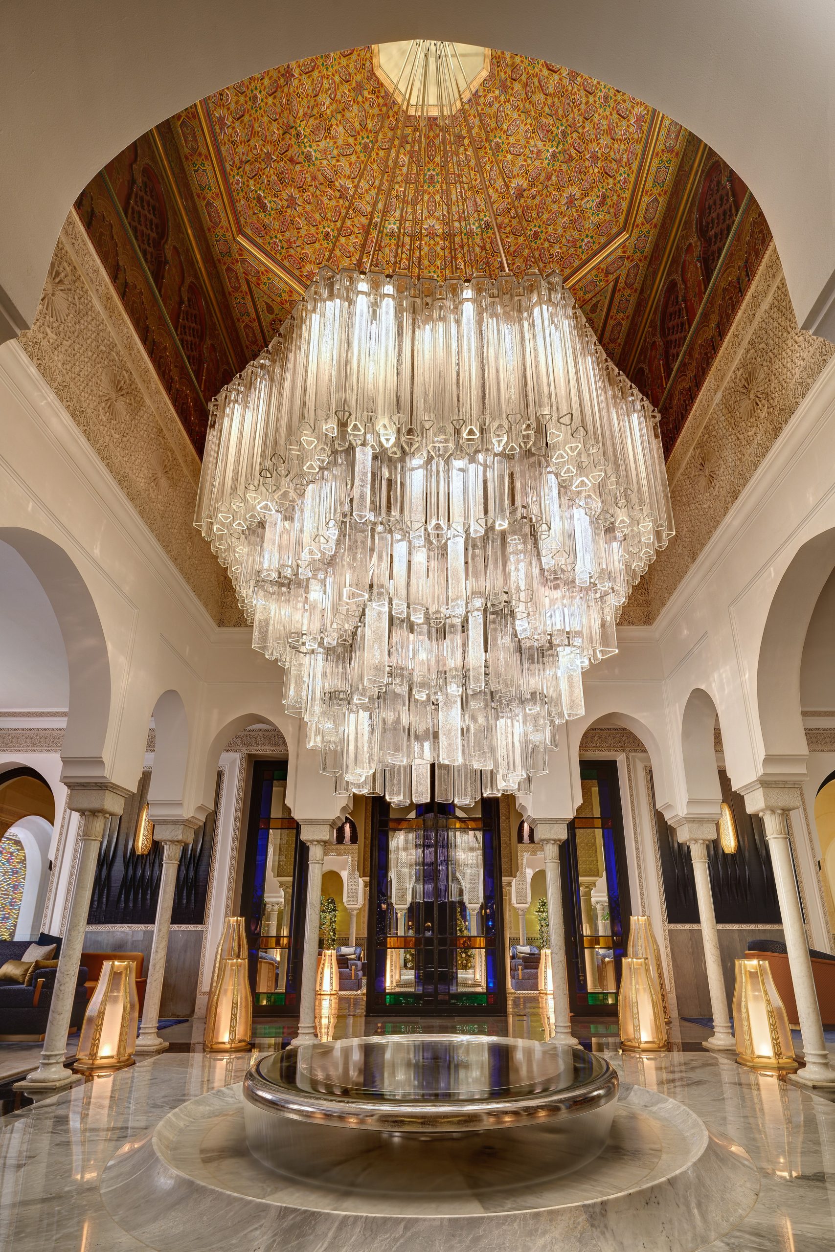 PRISM chandelier, close view of the stacked tiers of ribbed glass tubes