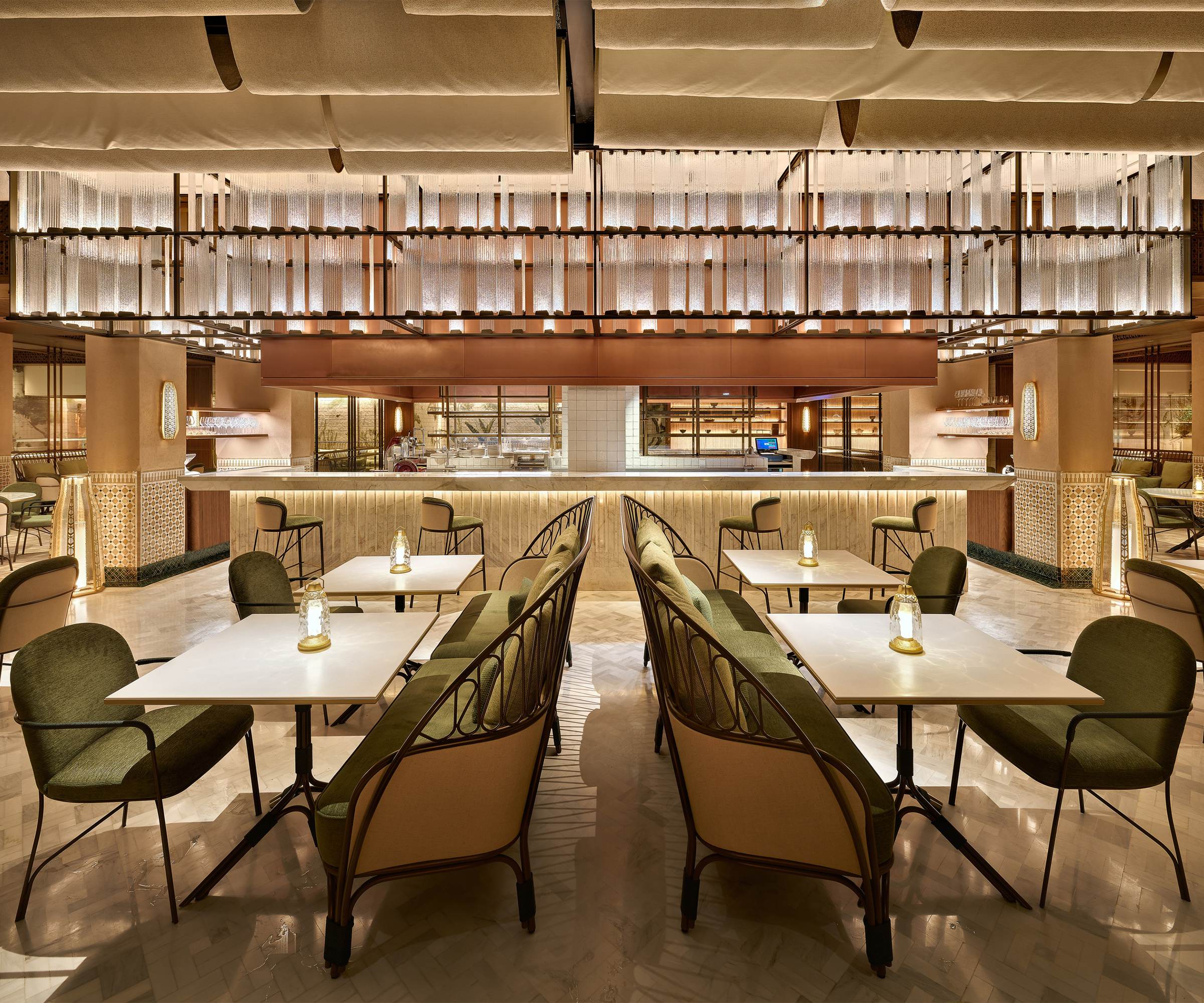 LINEN textured glass ceiling light by SHUCHUANG, run above the dining tables